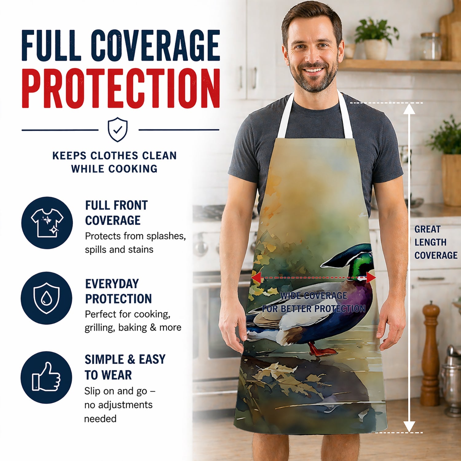 Wood Duck Swimming Woodland Watercolor Apron Cooking Kitchen Server Baking Crafts Gardening for Adult Women Men, Unisex, Large, Multicolor