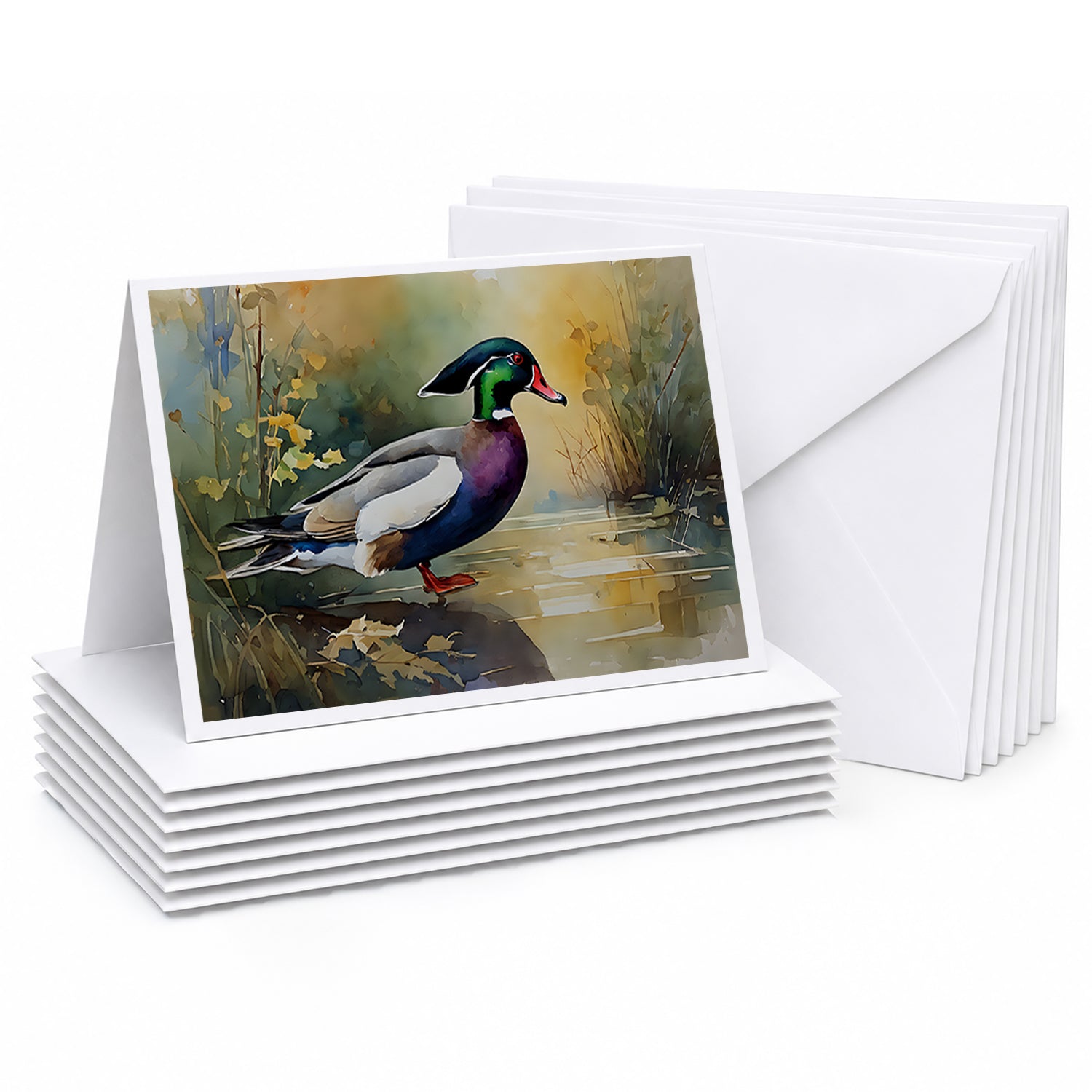 Wood Duck Swimming Woodland Watercolor Greeting Cards Pack of 8 Blank Cards with Envelopes Whimsical A7 Size 5x7
