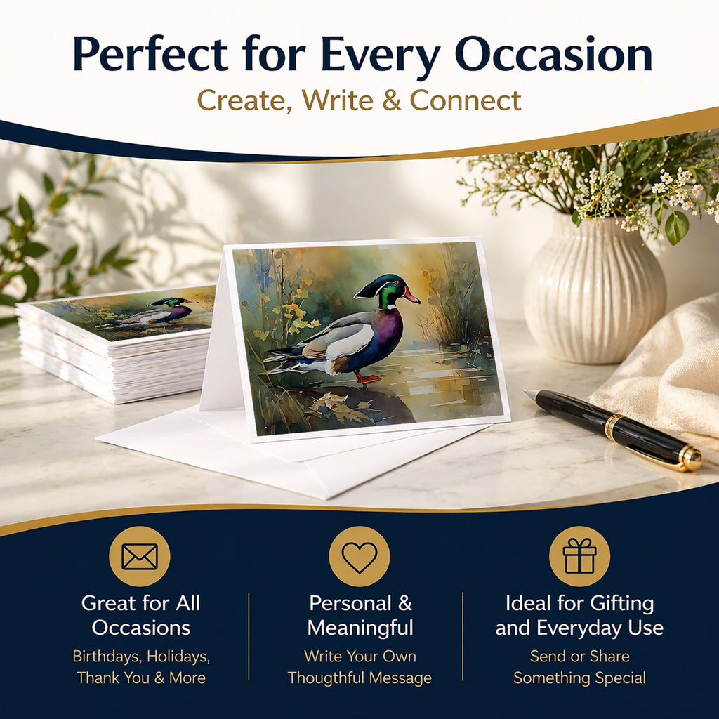 Wood Duck Swimming Woodland Watercolor Greeting Cards Pack of 8 Blank Cards with Envelopes Whimsical A7 Size 5x7