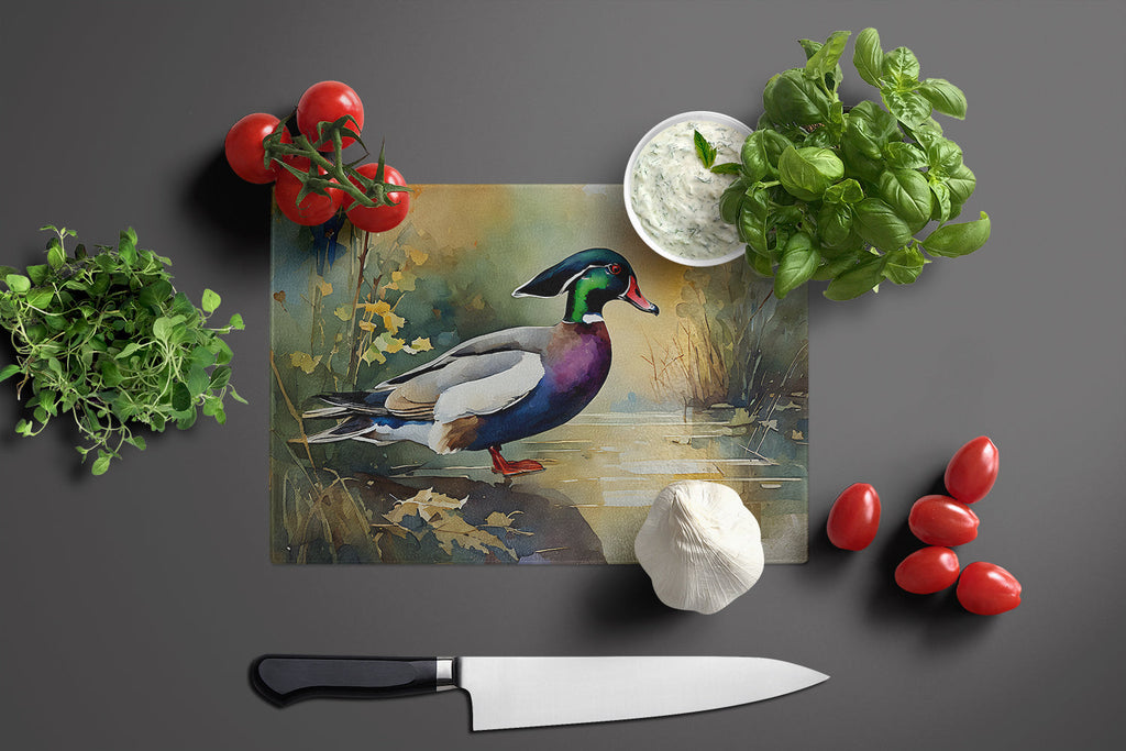 Wood Duck Swimming Woodland Watercolor Cutting Board Tempered Glass Kitchen Cutting Surface, Heat Resistant Chopping, Non-Slip Feet, Food Prep & Serving