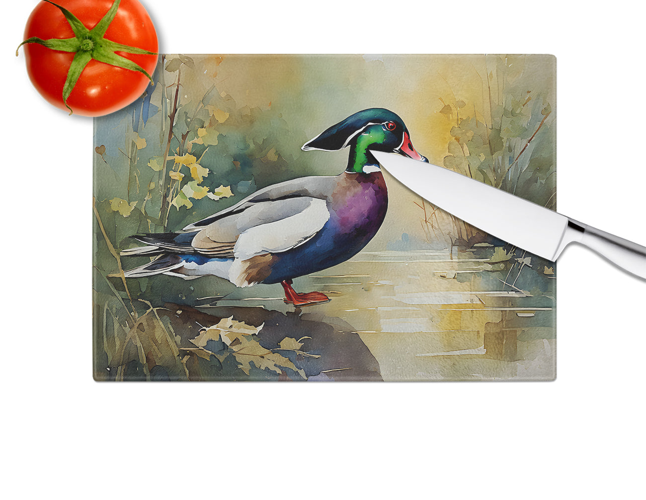 Wood Duck Swimming Woodland Watercolor Cutting Board Tempered Glass Kitchen Cutting Surface, Heat Resistant Chopping, Non-Slip Feet, Food Prep & Serving