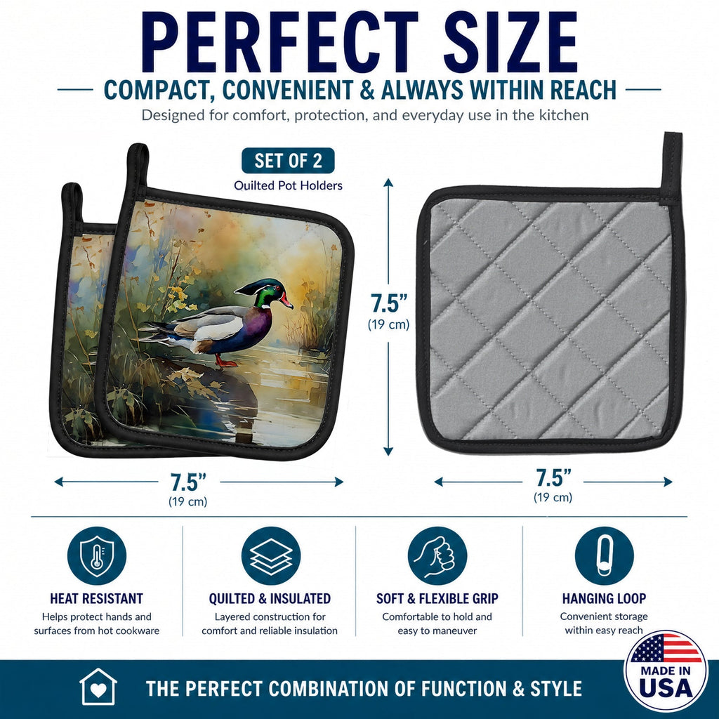 Wood Duck Swimming Woodland Watercolor Pot Holder Set of 2 Heat Resistant Quilted Hot Pads 7.5 x 7.5 Inch, Insulated Kitchen Trivets for Cooking & Baking