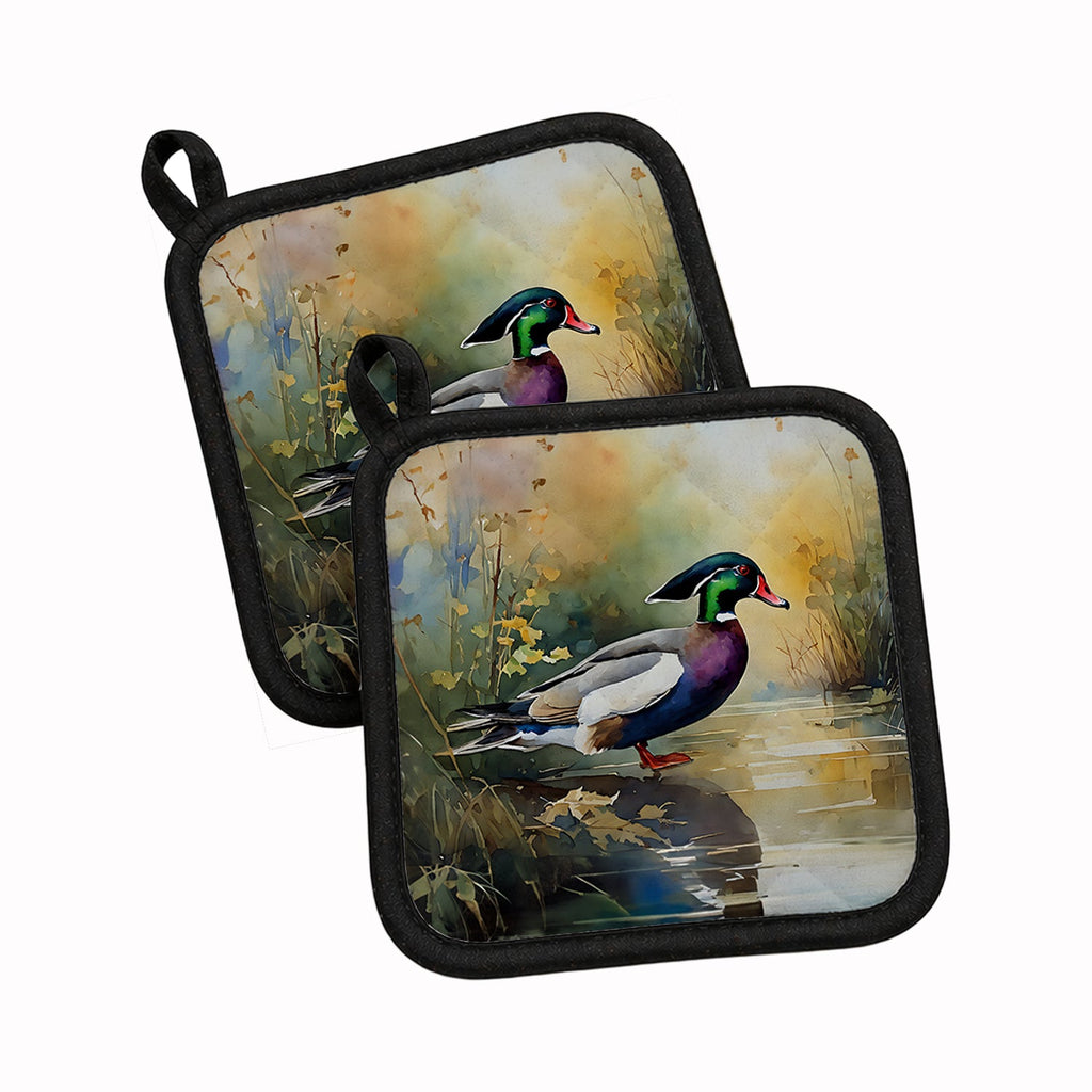 Wood Duck Swimming Woodland Watercolor Pot Holder Set of 2 Heat Resistant Quilted Hot Pads 7.5 x 7.5 Inch, Insulated Kitchen Trivets for Cooking & Baking