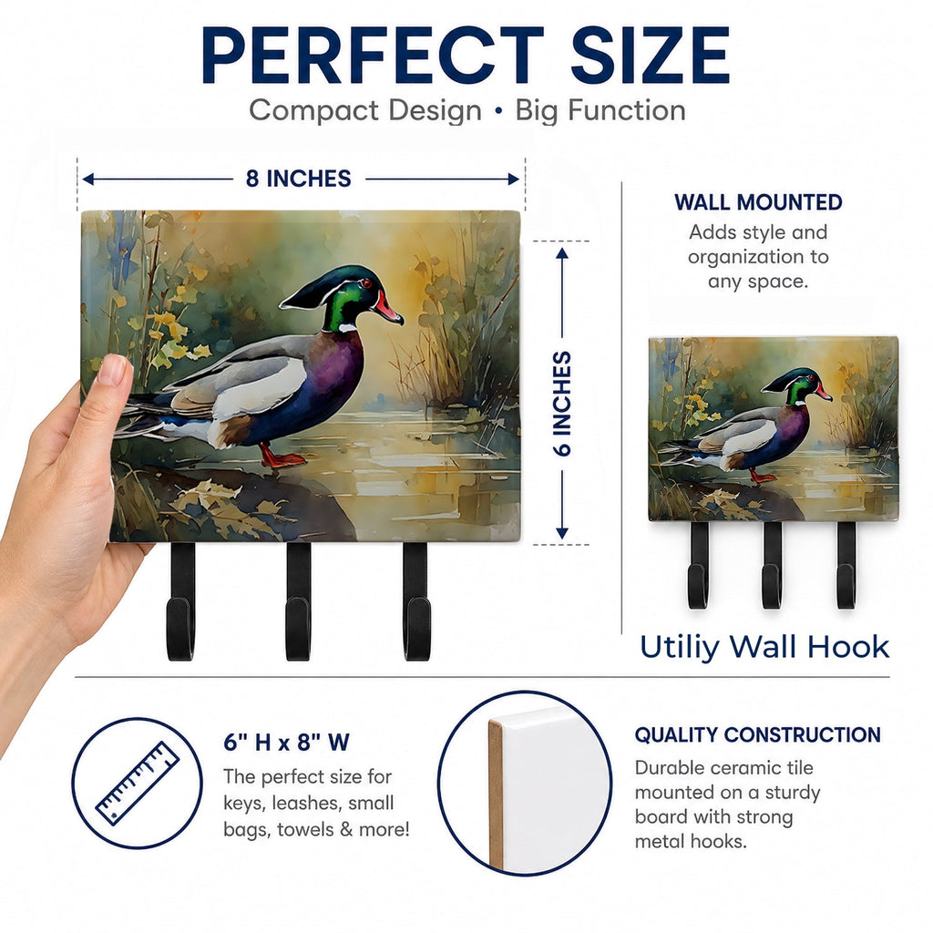 Wood Duck Swimming Woodland Watercolor Leash or Key Holder Wall Hooks, Coat Rack Wall Mount, for Hanging Keys, Towels, Aprons, Leashes