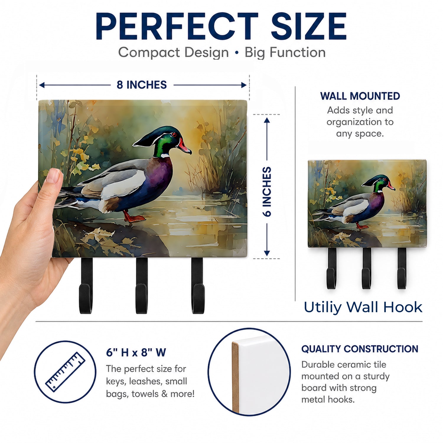 Wood Duck Swimming Woodland Watercolor Leash or Key Holder Wall Hooks, Coat Rack Wall Mount, for Hanging Keys, Towels, Aprons, Leashes