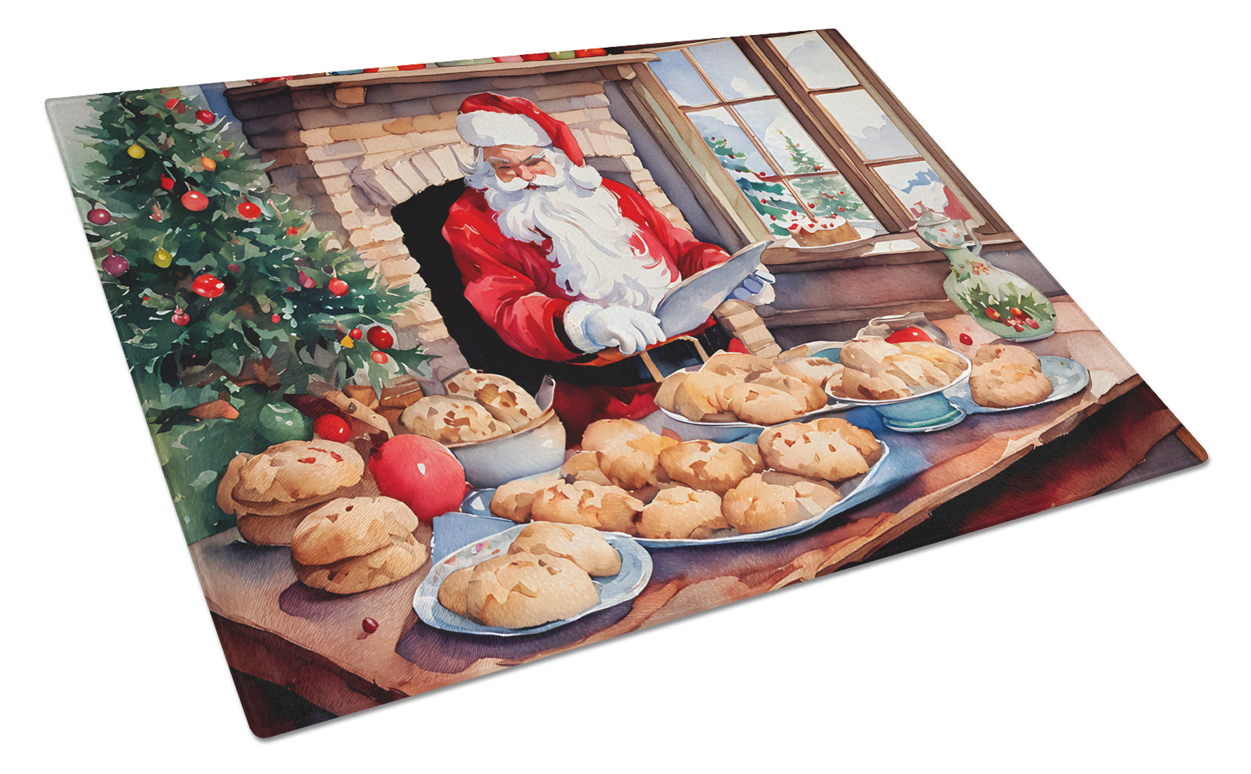 Cookies with Santa Claus Cutting Board Tempered Glass Kitchen Cutting Surface, Heat Resistant Chopping, Non-Slip Feet, Food Prep & Serving