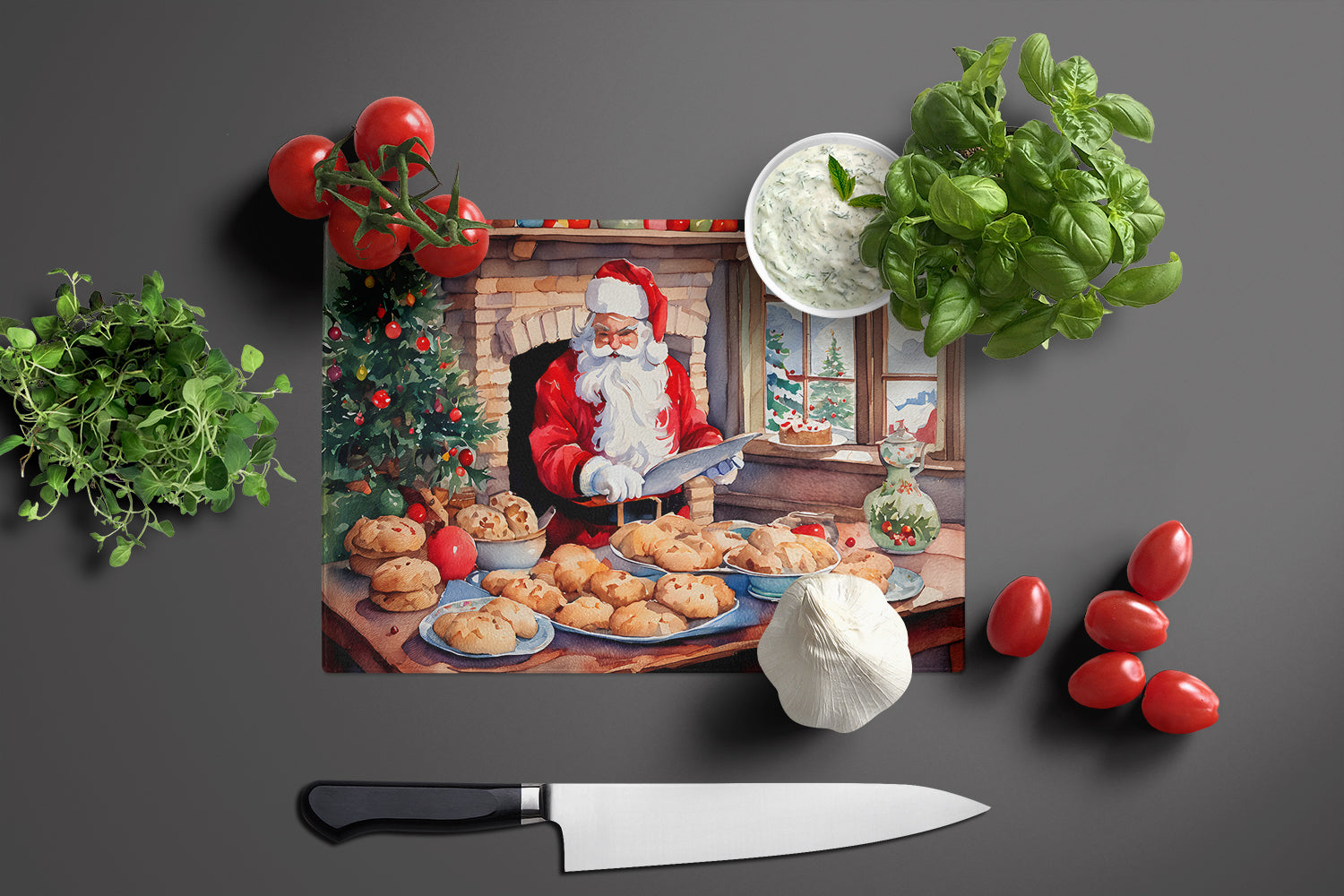 Cookies with Santa Claus Cutting Board Tempered Glass Kitchen Cutting Surface, Heat Resistant Chopping, Non-Slip Feet, Food Prep & Serving