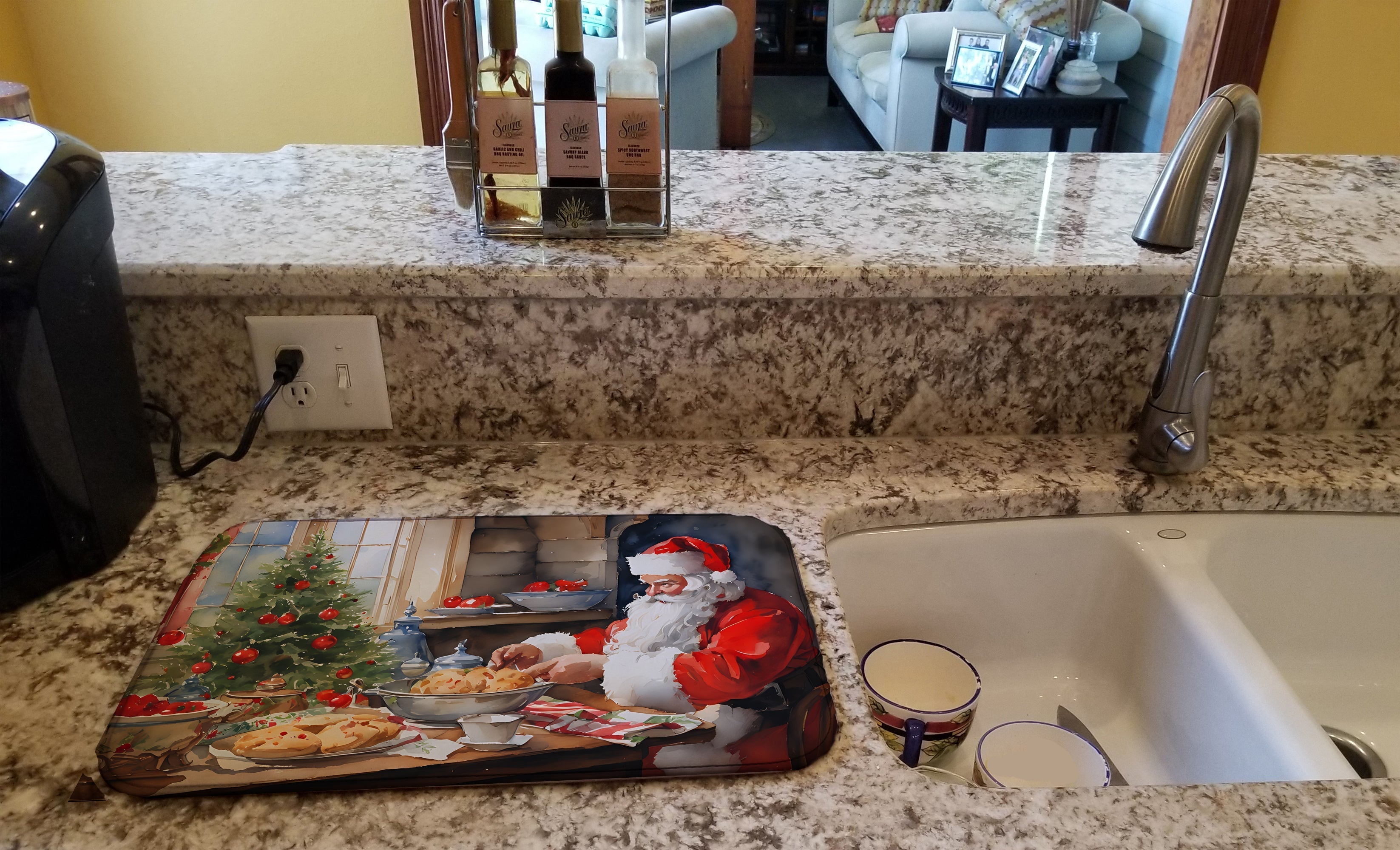 Cookies with Santa Claus Dish Drying Mat Absorbent Dish Drying Mat Pad for Kitchen Counter Dish Drainer Mat for Countertop, 14 x 21", Multicolor
