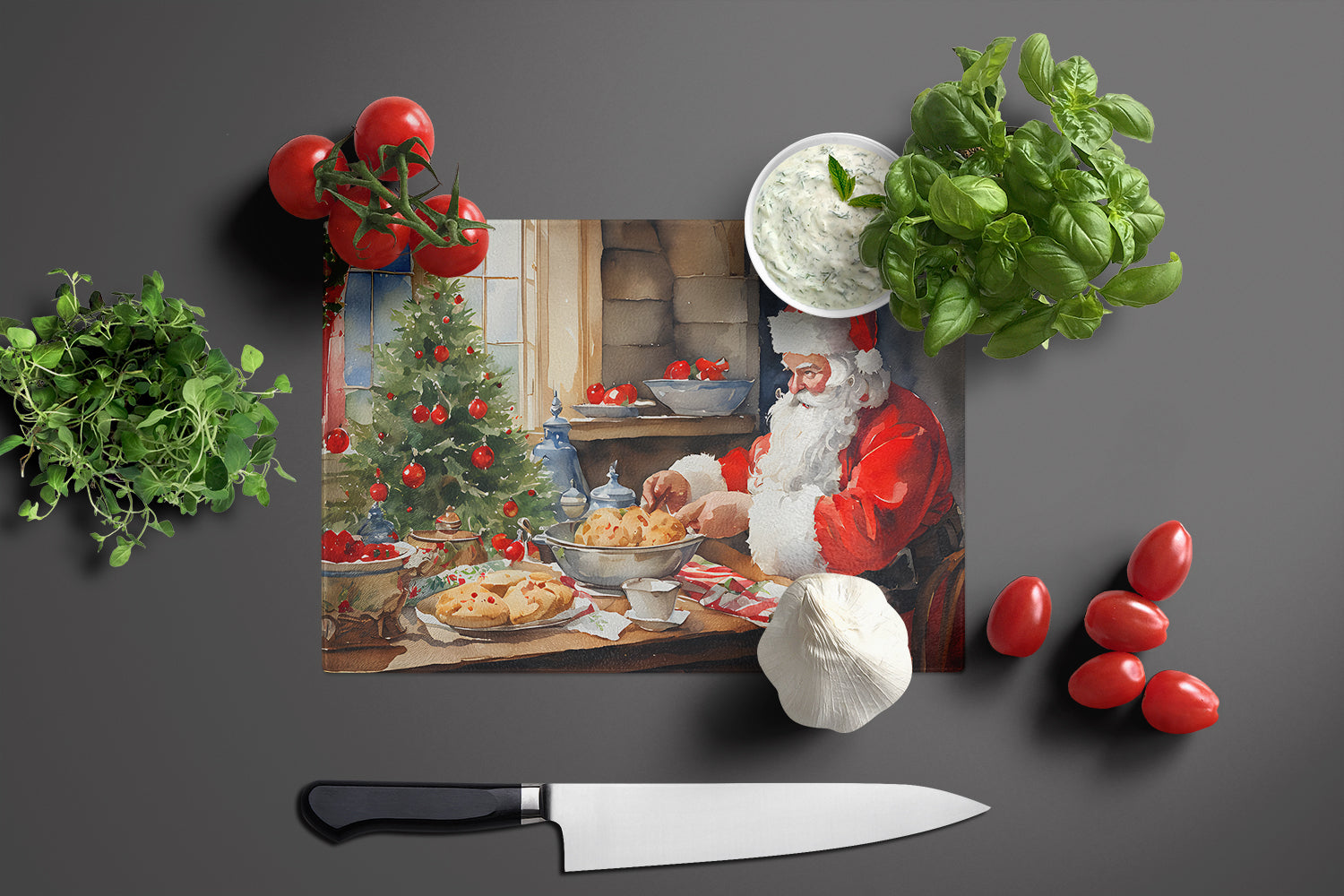 Cookies with Santa Claus Cutting Board Tempered Glass Kitchen Cutting Surface, Heat Resistant Chopping, Non-Slip Feet, Food Prep & Serving