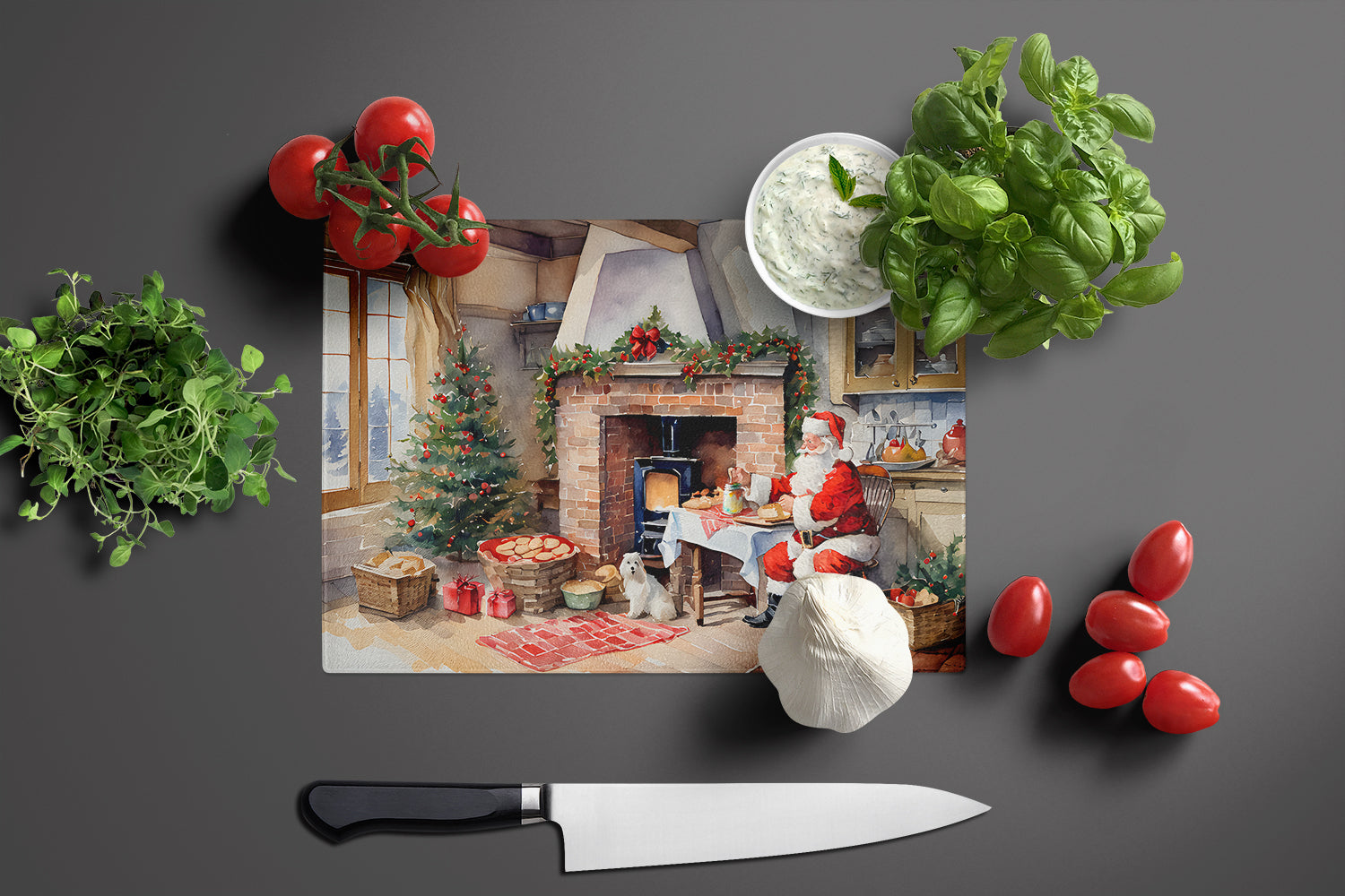 Cookies with Santa Claus Cutting Board Tempered Glass Kitchen Cutting Surface, Heat Resistant Chopping, Non-Slip Feet, Food Prep & Serving