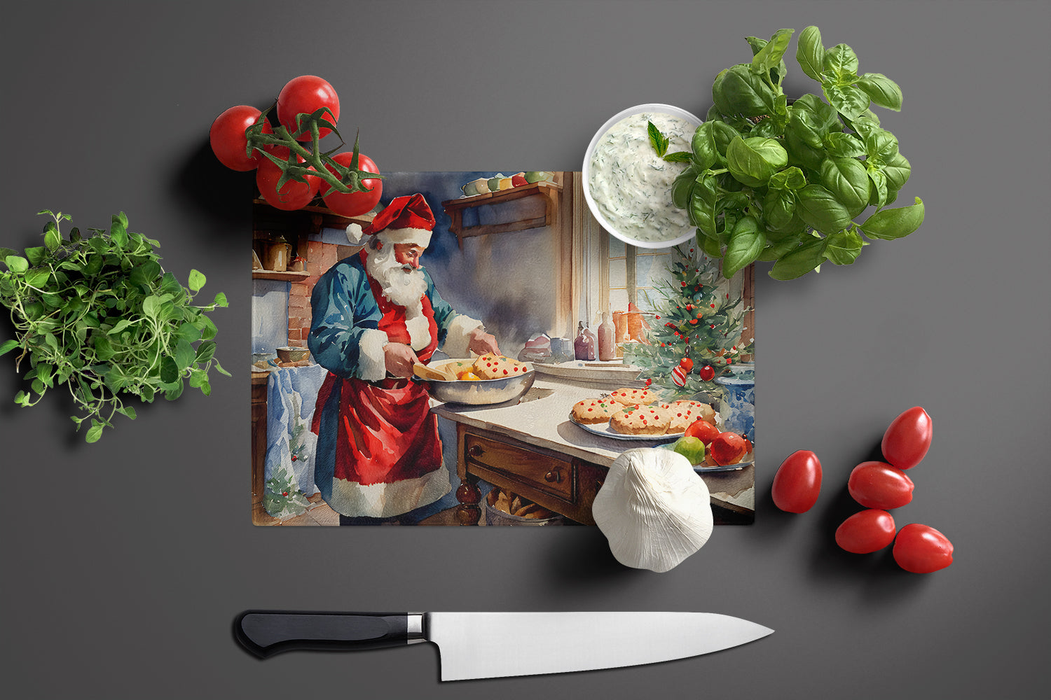 Cookies with Santa Claus Babbo Natale Cutting Board Tempered Glass Kitchen Cutting Surface, Heat Resistant Chopping, Non-Slip Feet, Food Prep & Serving