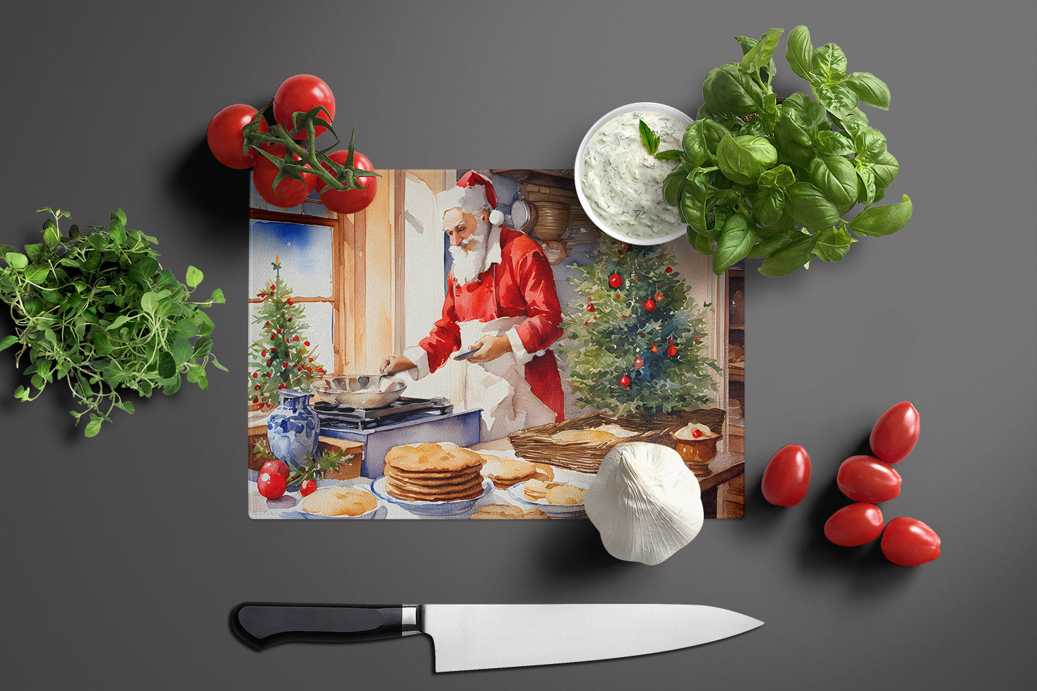 Cookies with Santa Claus Babbo Natale Cutting Board Tempered Glass Kitchen Cutting Surface, Heat Resistant Chopping, Non-Slip Feet, Food Prep & Serving