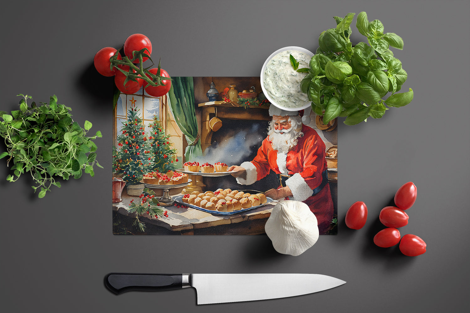 Cookies with Santa Claus Cutting Board Tempered Glass Kitchen Cutting Surface, Heat Resistant Chopping, Non-Slip Feet, Food Prep & Serving