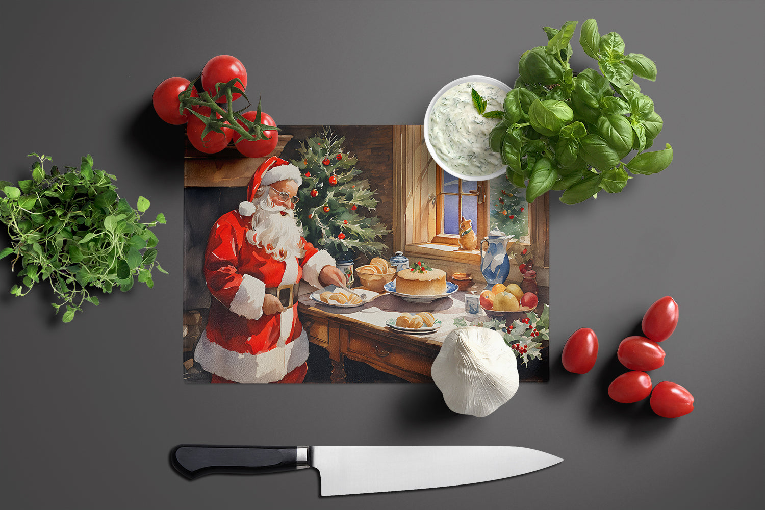 Cookies with Santa Claus Cutting Board Tempered Glass Kitchen Cutting Surface, Heat Resistant Chopping, Non-Slip Feet, Food Prep & Serving