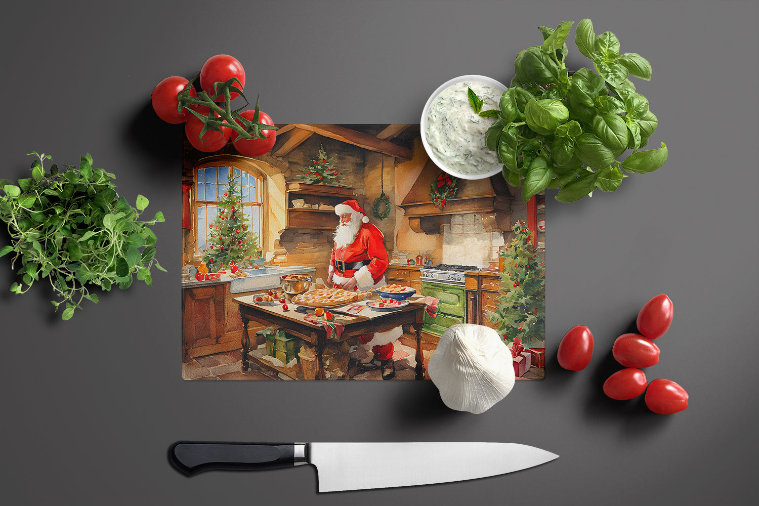 Cookies with Santa Claus Father Christmas Cutting Board Tempered Glass Kitchen Cutting Surface, Heat Resistant Chopping, Non-Slip Feet, Food Prep & Serving