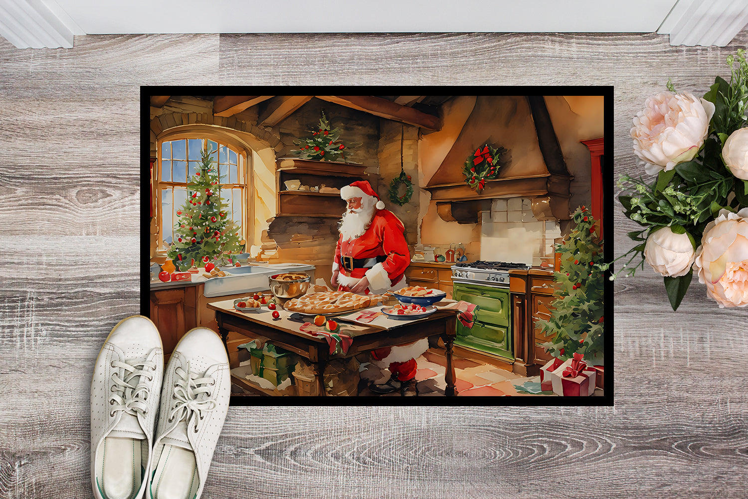 Cookies with Santa Claus Father Christmas Doormat Indoor Outdoor 18H X 27W Front Door Mat Rugs for Entryway, Non Slip Washable