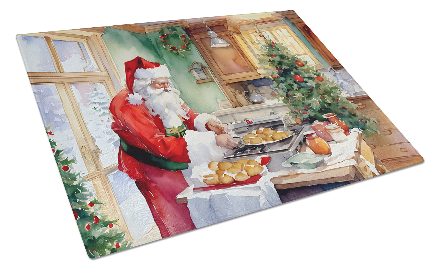 Cookies with Santa Claus Father Christmas Cutting Board Tempered Glass Kitchen Cutting Surface, Heat Resistant Chopping, Non-Slip Feet, Food Prep & Serving