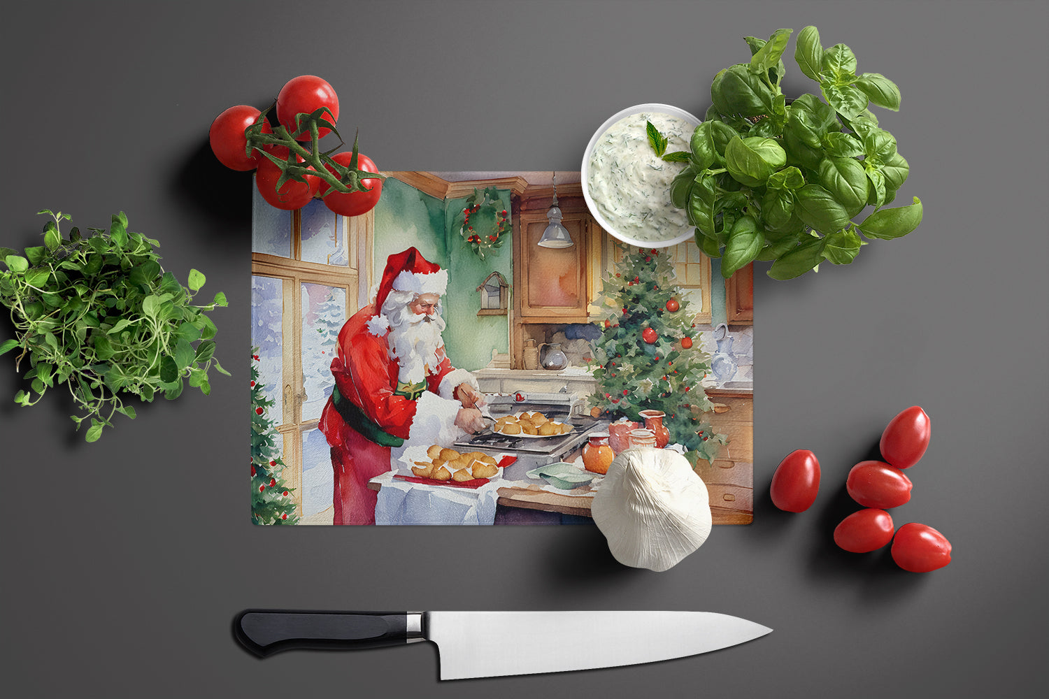 Cookies with Santa Claus Father Christmas Cutting Board Tempered Glass Kitchen Cutting Surface, Heat Resistant Chopping, Non-Slip Feet, Food Prep & Serving
