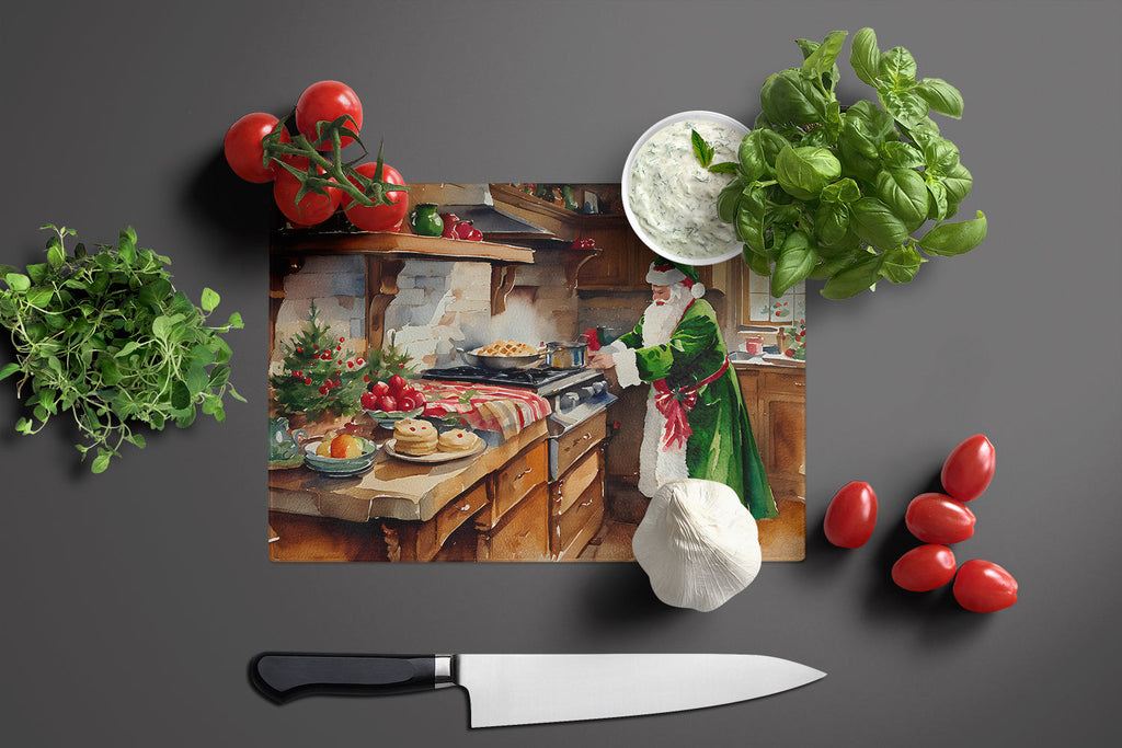 Cookies with Santa Claus Father Christmas Cutting Board Tempered Glass Kitchen Cutting Surface, Heat Resistant Chopping, Non-Slip Feet, Food Prep & Serving