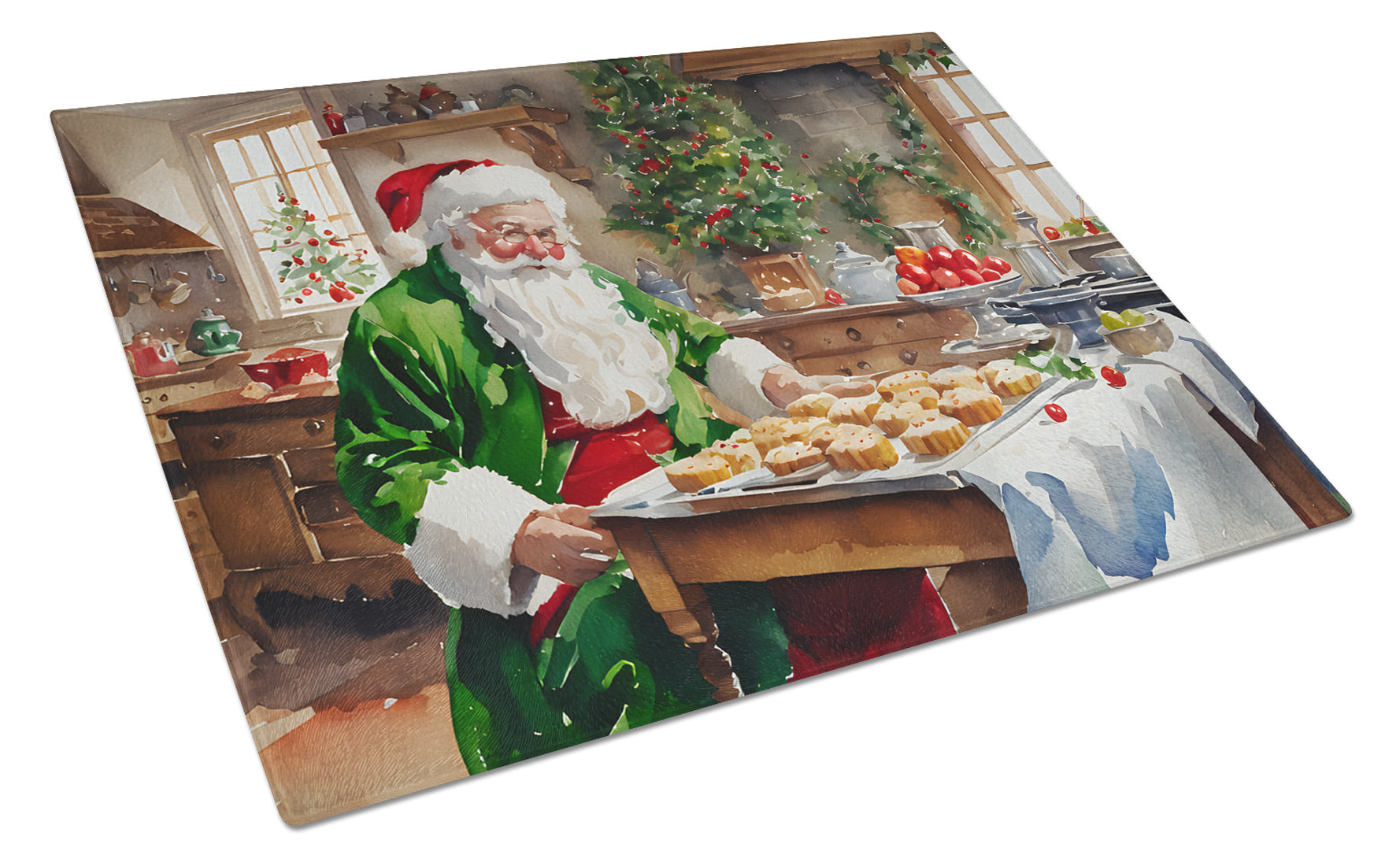 Cookies with Santa Claus Father Christmas Cutting Board Tempered Glass Kitchen Cutting Surface, Heat Resistant Chopping, Non-Slip Feet, Food Prep & Serving