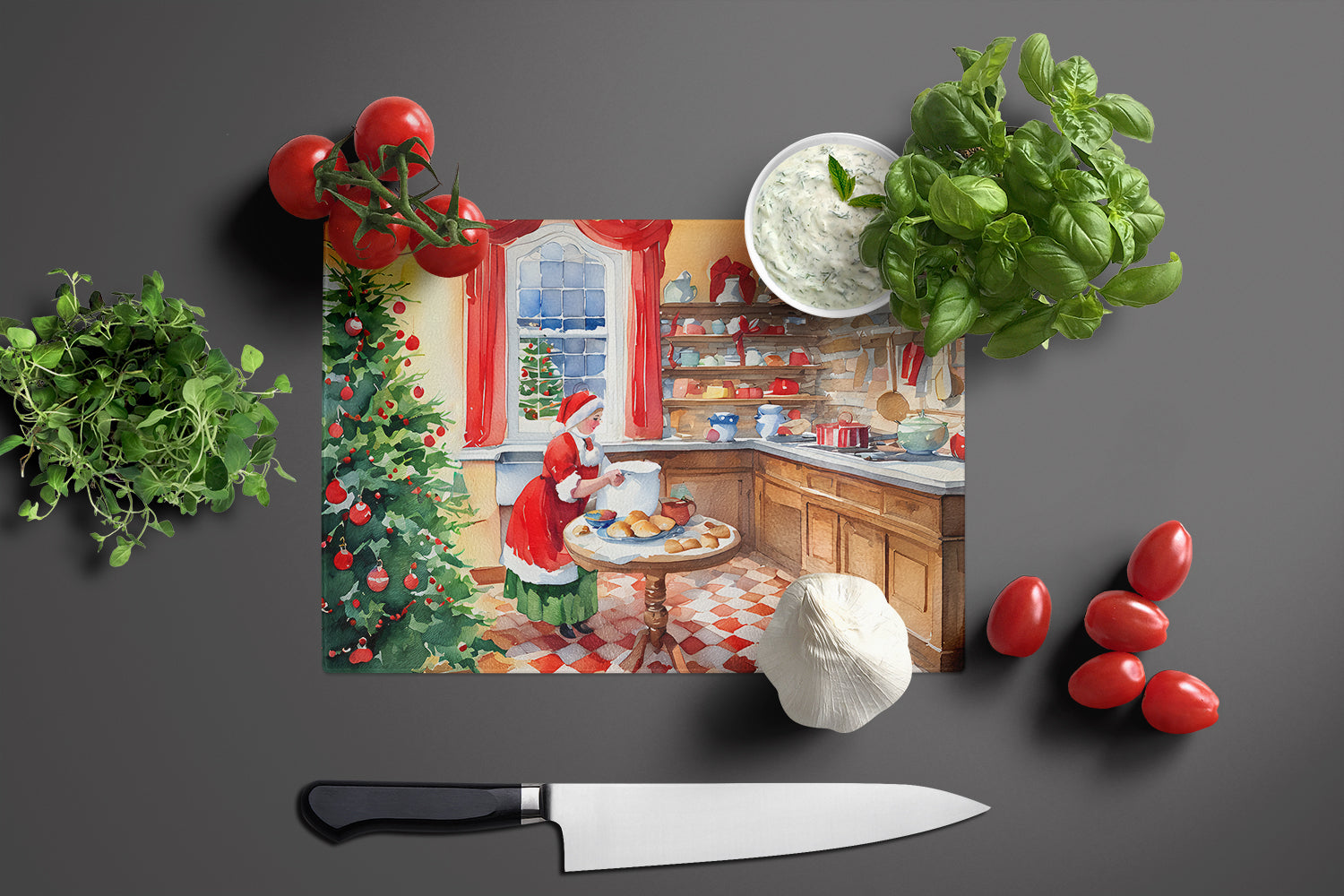 Cookies with Santa Claus Mrs. Claus Cutting Board Tempered Glass Kitchen Cutting Surface, Heat Resistant Chopping, Non-Slip Feet, Food Prep & Serving