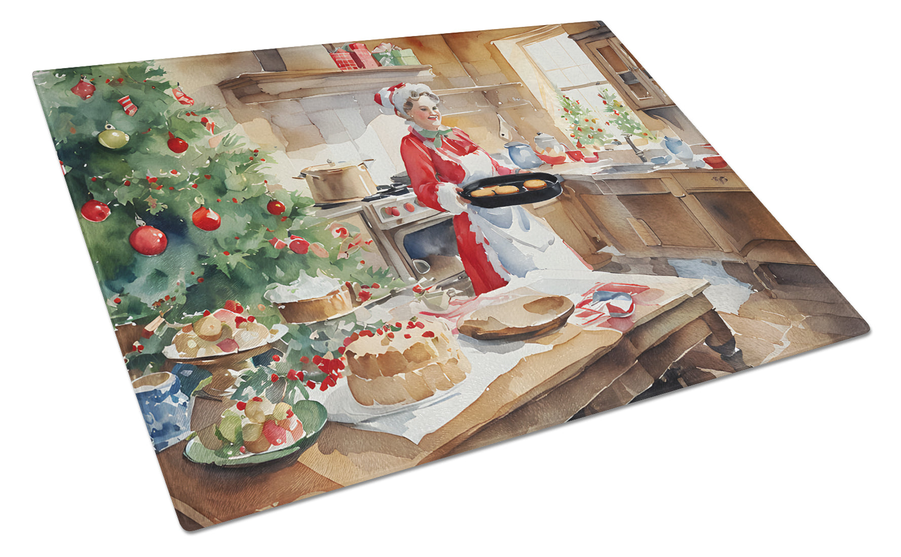 Cookies with Santa Claus Mrs. Claus Cutting Board Tempered Glass Kitchen Cutting Surface, Heat Resistant Chopping, Non-Slip Feet, Food Prep & Serving