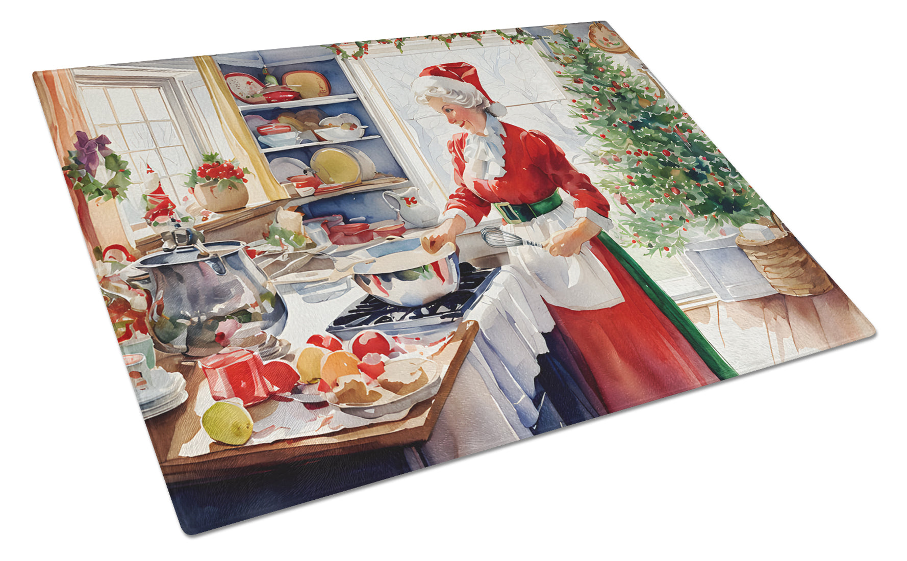 Cookies with Santa Claus Mrs. Claus Cutting Board Tempered Glass Kitchen Cutting Surface, Heat Resistant Chopping, Non-Slip Feet, Food Prep & Serving