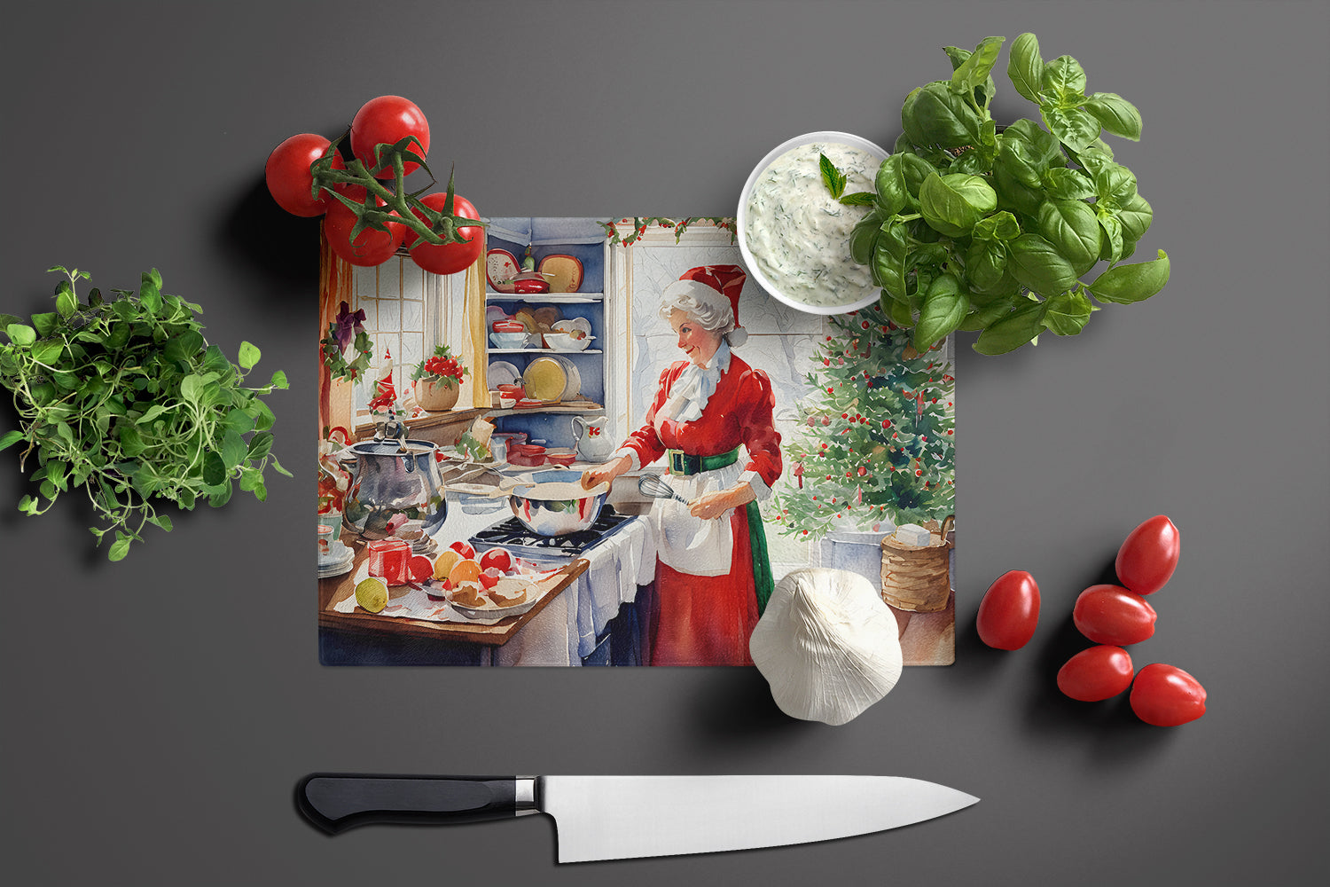 Cookies with Santa Claus Mrs. Claus Cutting Board Tempered Glass Kitchen Cutting Surface, Heat Resistant Chopping, Non-Slip Feet, Food Prep & Serving