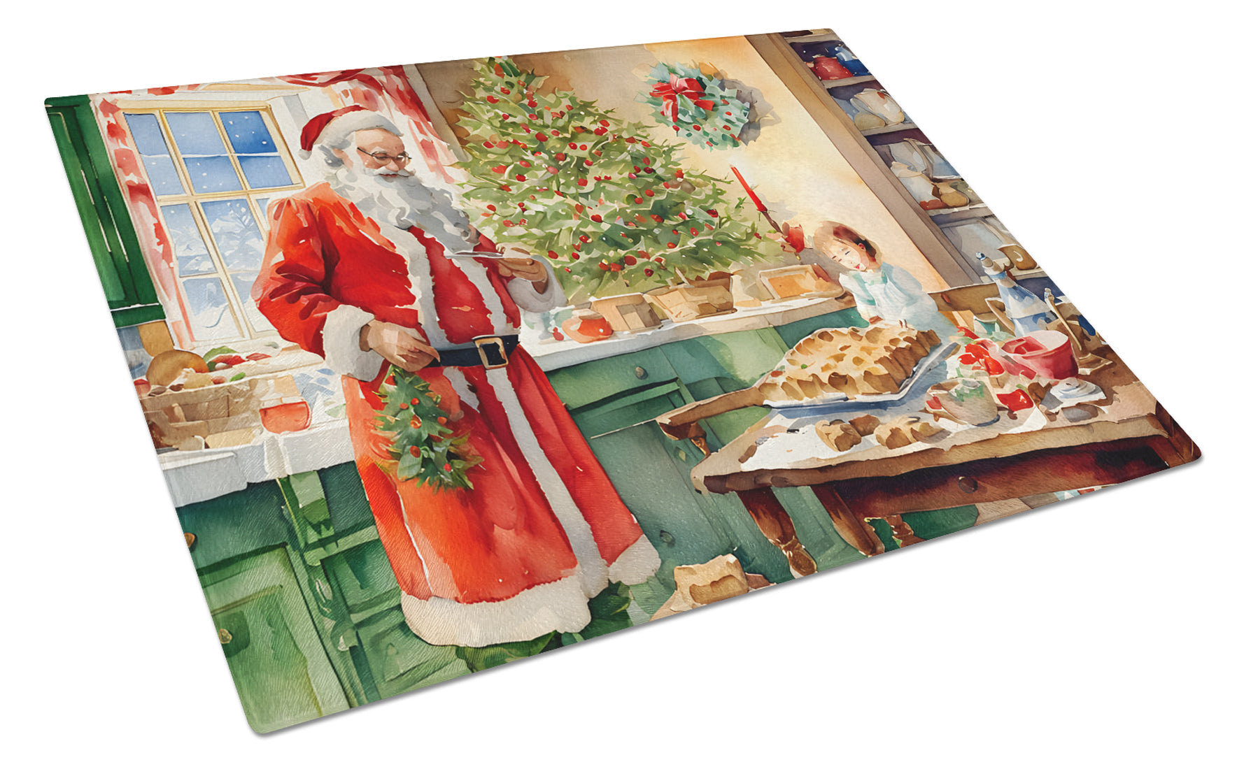 Cookies with Santa Claus Papa Noel Cutting Board Tempered Glass Kitchen Cutting Surface, Heat Resistant Chopping, Non-Slip Feet, Food Prep & Serving
