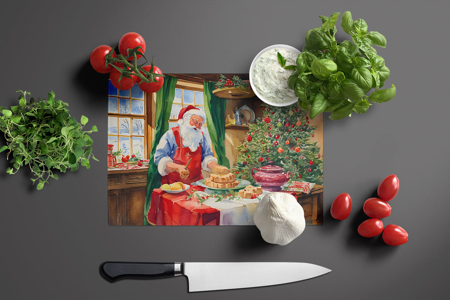 Cookies with Santa Claus Papa Noel Cutting Board Tempered Glass Kitchen Cutting Surface, Heat Resistant Chopping, Non-Slip Feet, Food Prep & Serving