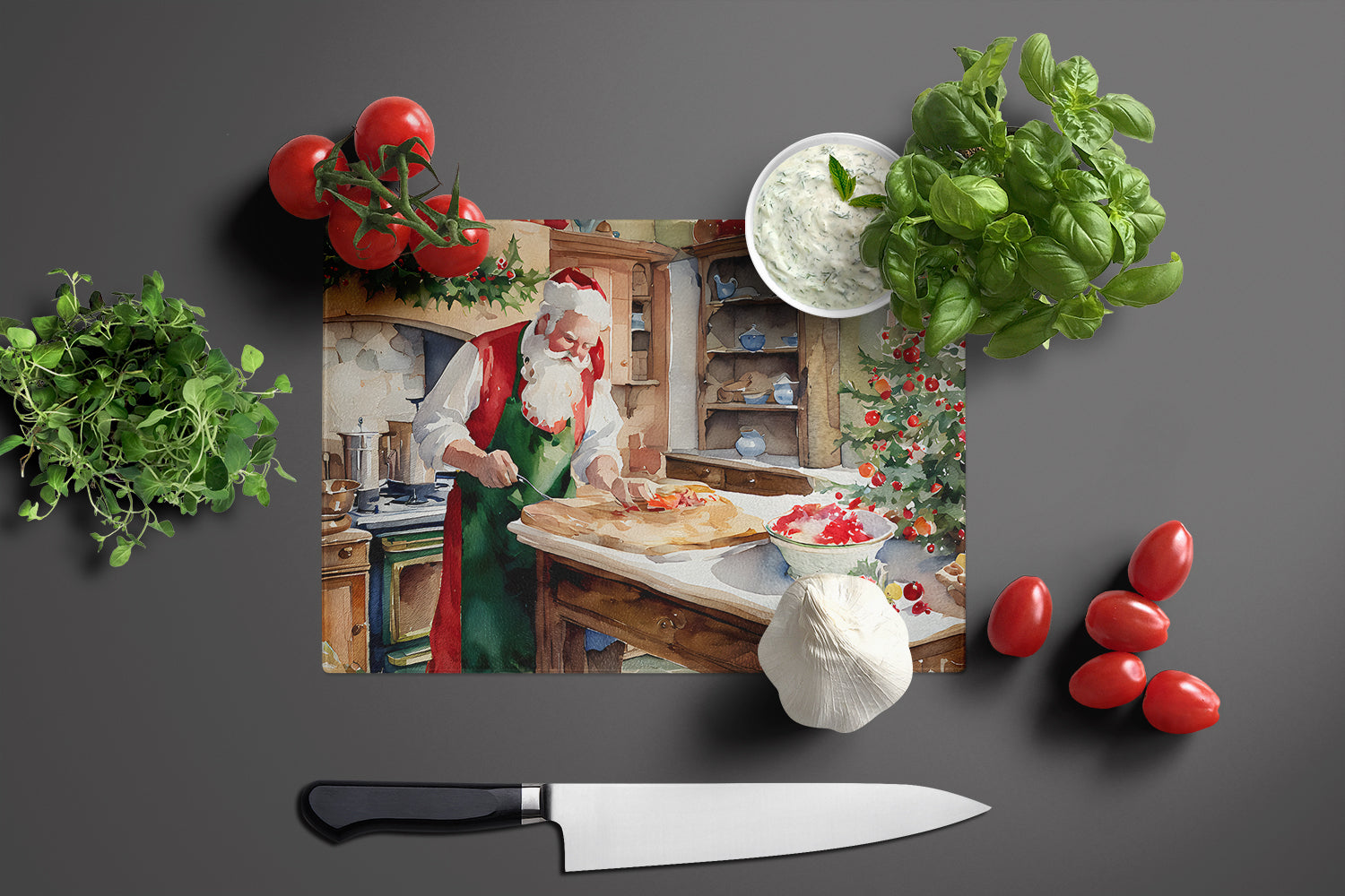 Cookies with Santa Claus Cutting Board Tempered Glass Kitchen Cutting Surface, Heat Resistant Chopping, Non-Slip Feet, Food Prep & Serving
