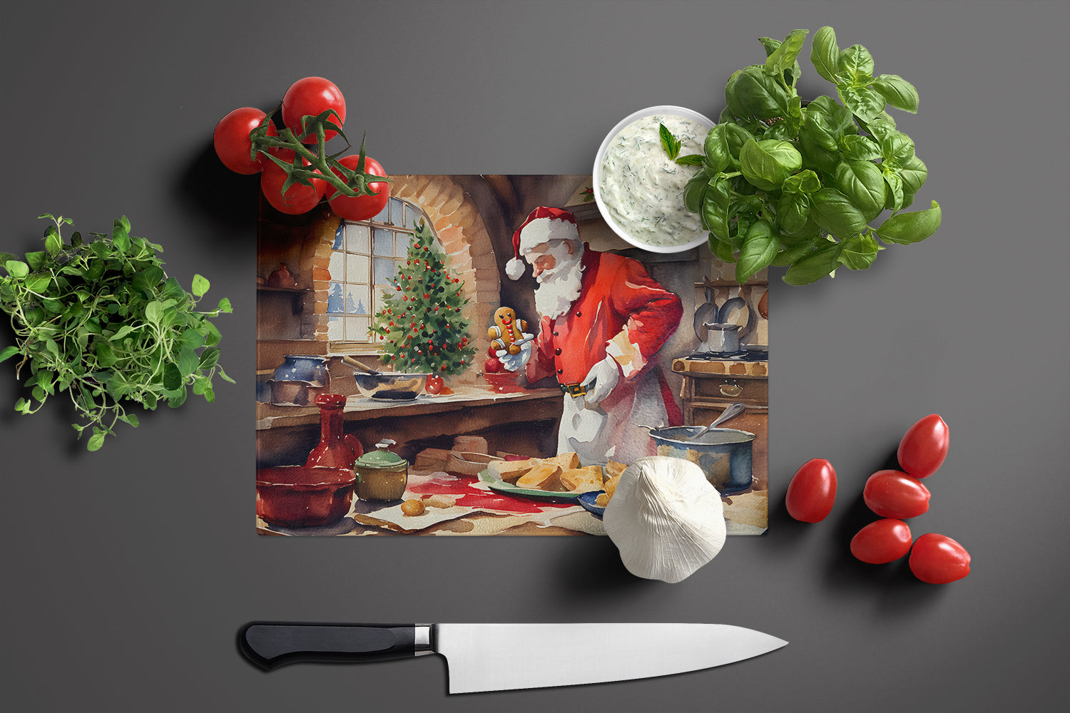 Cookies with Santa Claus Cutting Board Tempered Glass Kitchen Cutting Surface, Heat Resistant Chopping, Non-Slip Feet, Food Prep & Serving