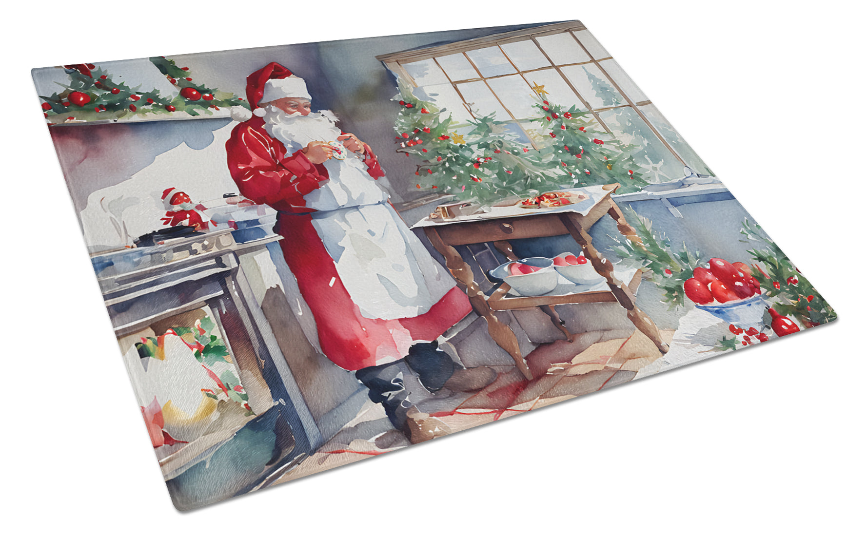 Cookies with Santa Claus Cutting Board Tempered Glass Kitchen Cutting Surface, Heat Resistant Chopping, Non-Slip Feet, Food Prep & Serving