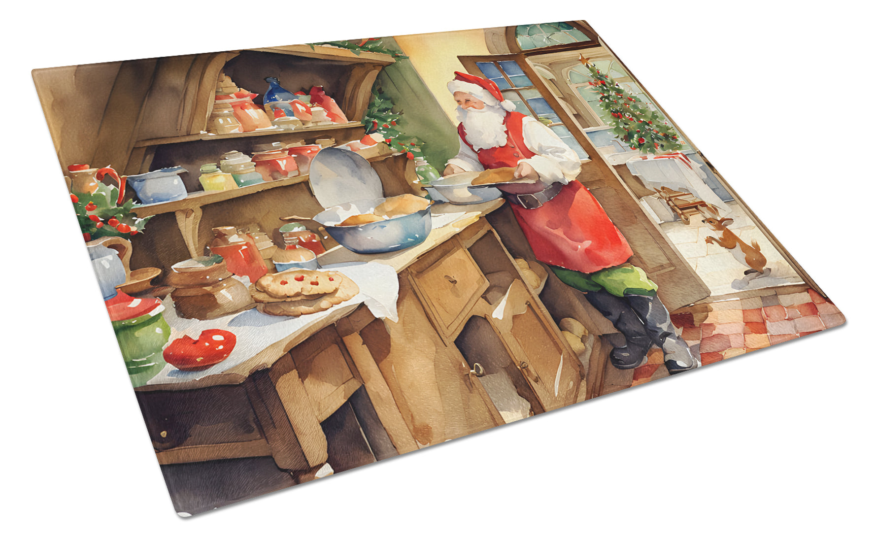 Cookies with Santa Claus Cutting Board Tempered Glass Kitchen Cutting Surface, Heat Resistant Chopping, Non-Slip Feet, Food Prep & Serving