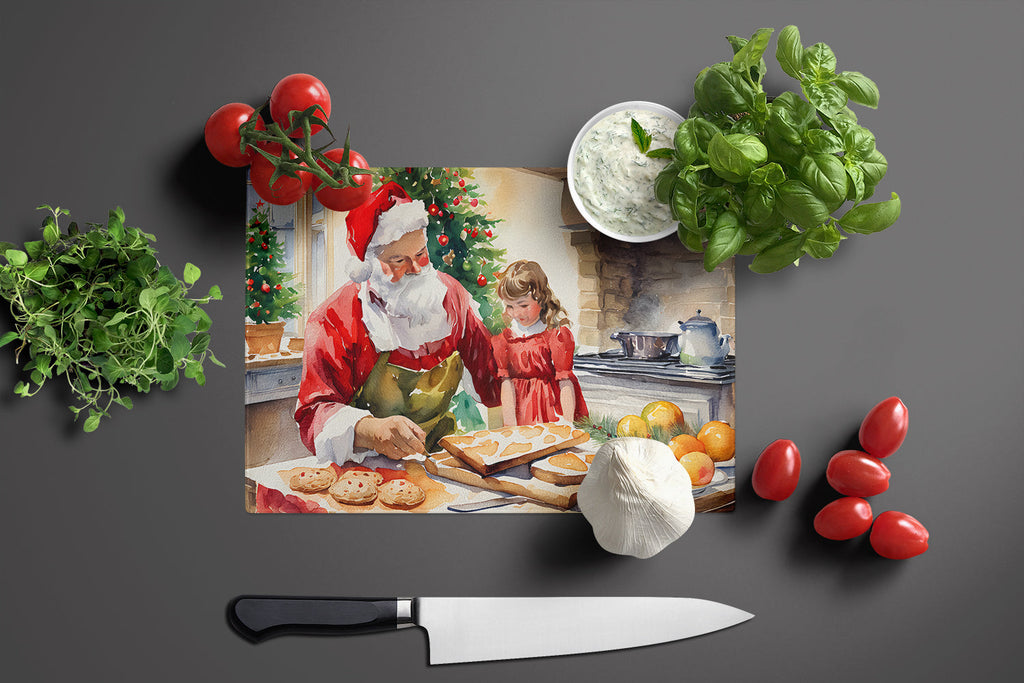 Cookies with Santa Claus Cutting Board Tempered Glass Kitchen Cutting Surface, Heat Resistant Chopping, Non-Slip Feet, Food Prep & Serving