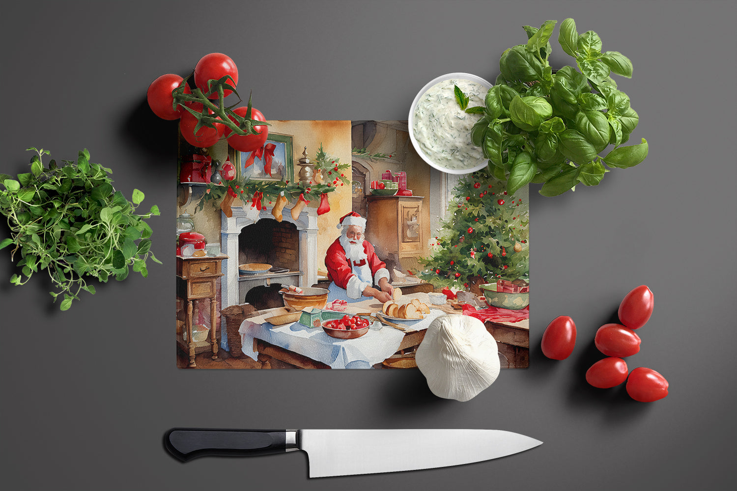 Cookies with Santa Claus Cutting Board Tempered Glass Kitchen Cutting Surface, Heat Resistant Chopping, Non-Slip Feet, Food Prep & Serving
