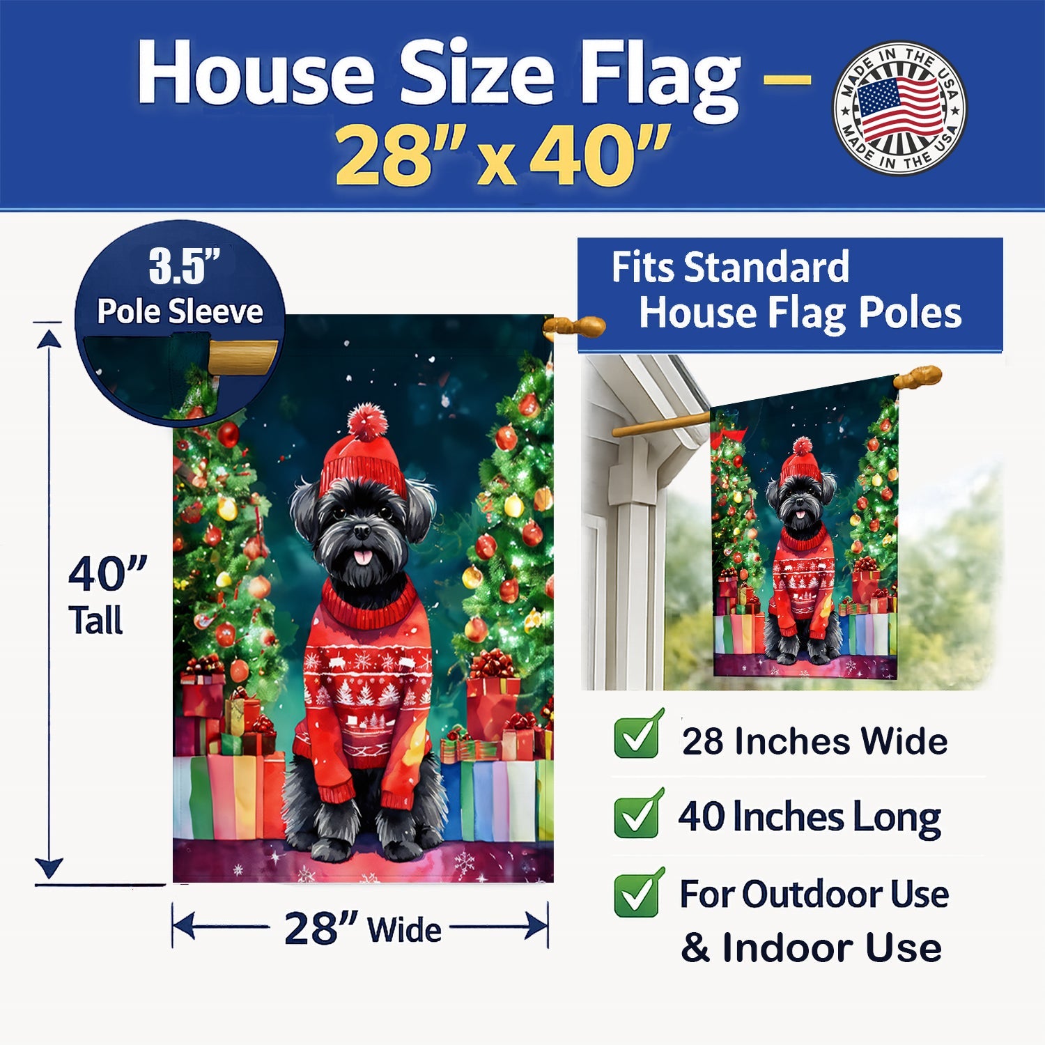Affenpinscher Christmas House Flag 28x40 Porch Sleeve Pole Decorative Outside Yard Banner Artwork Wall Hanging, Polyester
