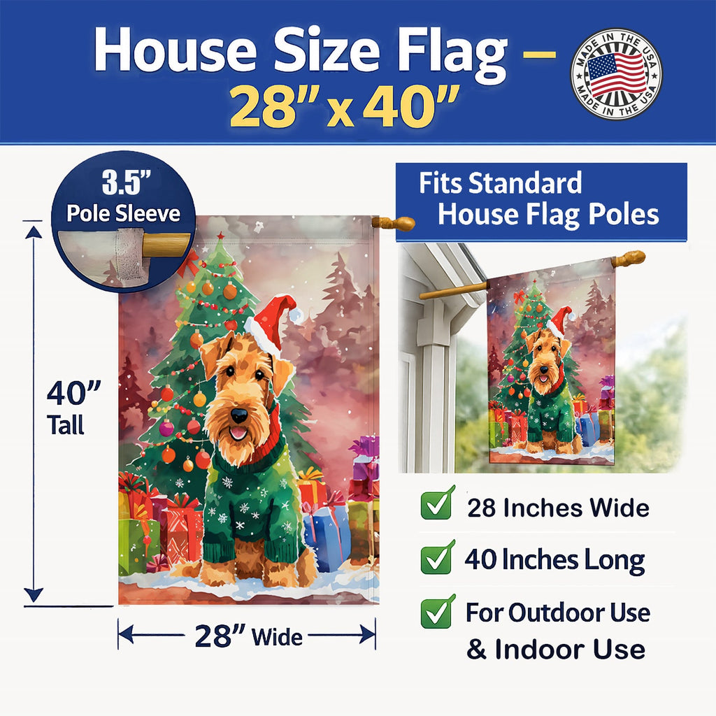Airedale Terrier Christmas House Flag 28x40 Porch Sleeve Pole Decorative Outside Yard Banner Artwork Wall Hanging, Polyester