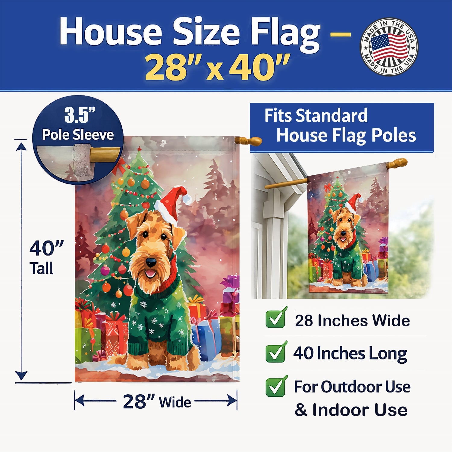 Airedale Terrier Christmas House Flag 28x40 Porch Sleeve Pole Decorative Outside Yard Banner Artwork Wall Hanging, Polyester