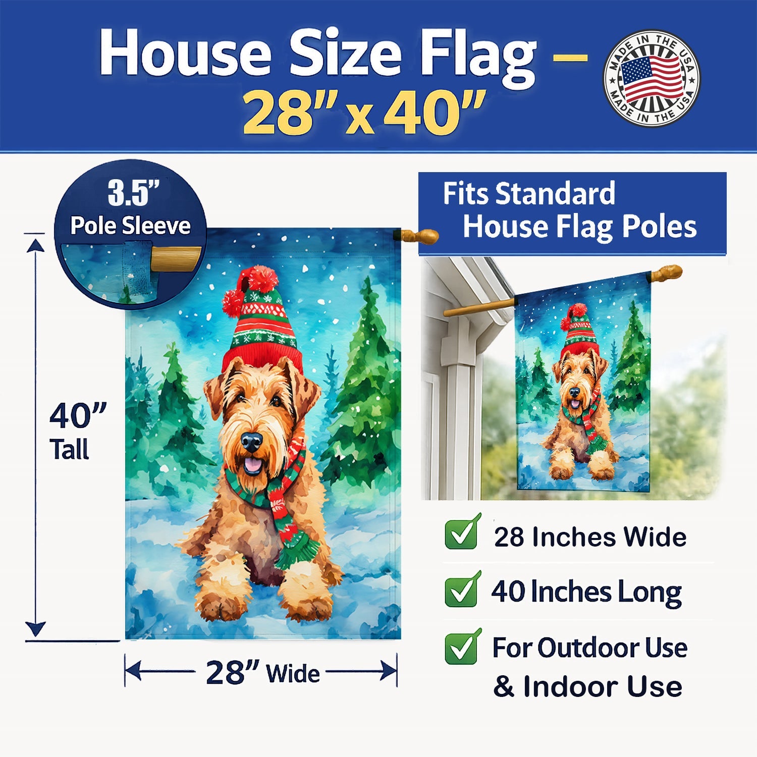 Airedale Terrier Christmas House Flag 28x40 Porch Sleeve Pole Decorative Outside Yard Banner Artwork Wall Hanging, Polyester