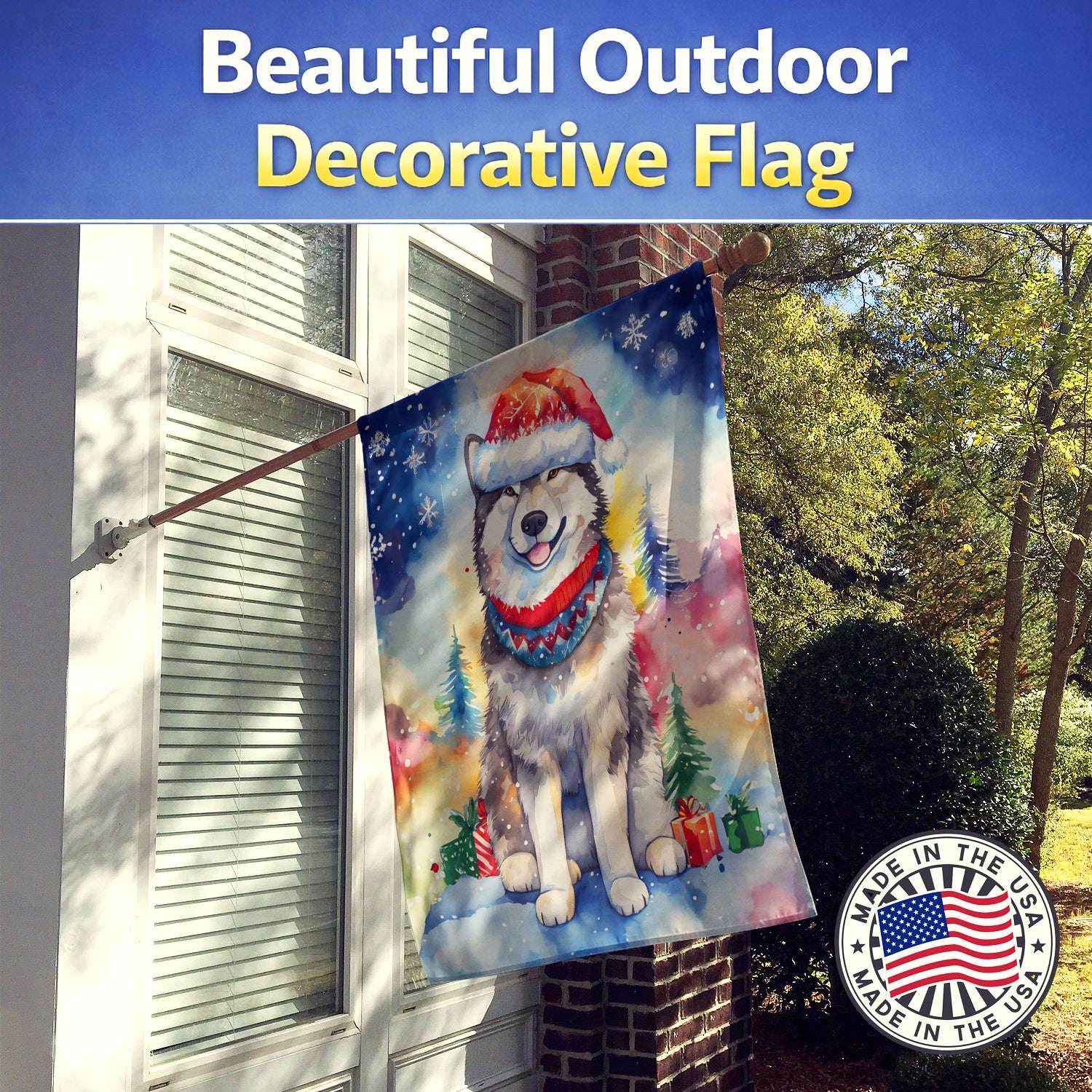 Alaskan Malamute Christmas House Flag 28x40 Porch Sleeve Pole Decorative Outside Yard Banner Artwork Wall Hanging, Polyester
