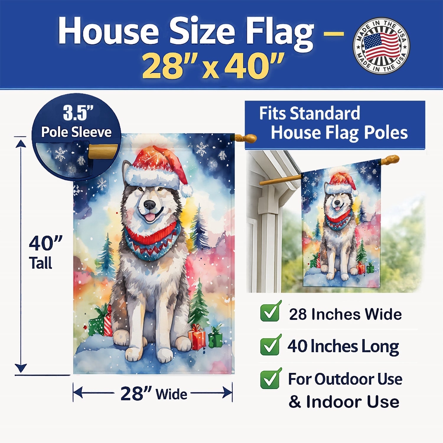 Alaskan Malamute Christmas House Flag 28x40 Porch Sleeve Pole Decorative Outside Yard Banner Artwork Wall Hanging, Polyester