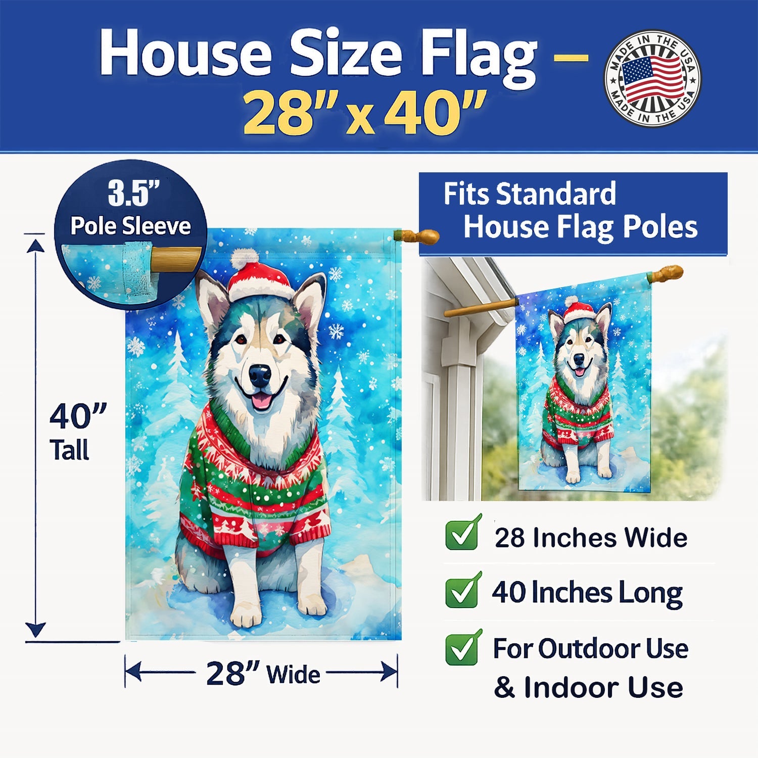Alaskan Malamute Christmas House Flag 28x40 Porch Sleeve Pole Decorative Outside Yard Banner Artwork Wall Hanging, Polyester