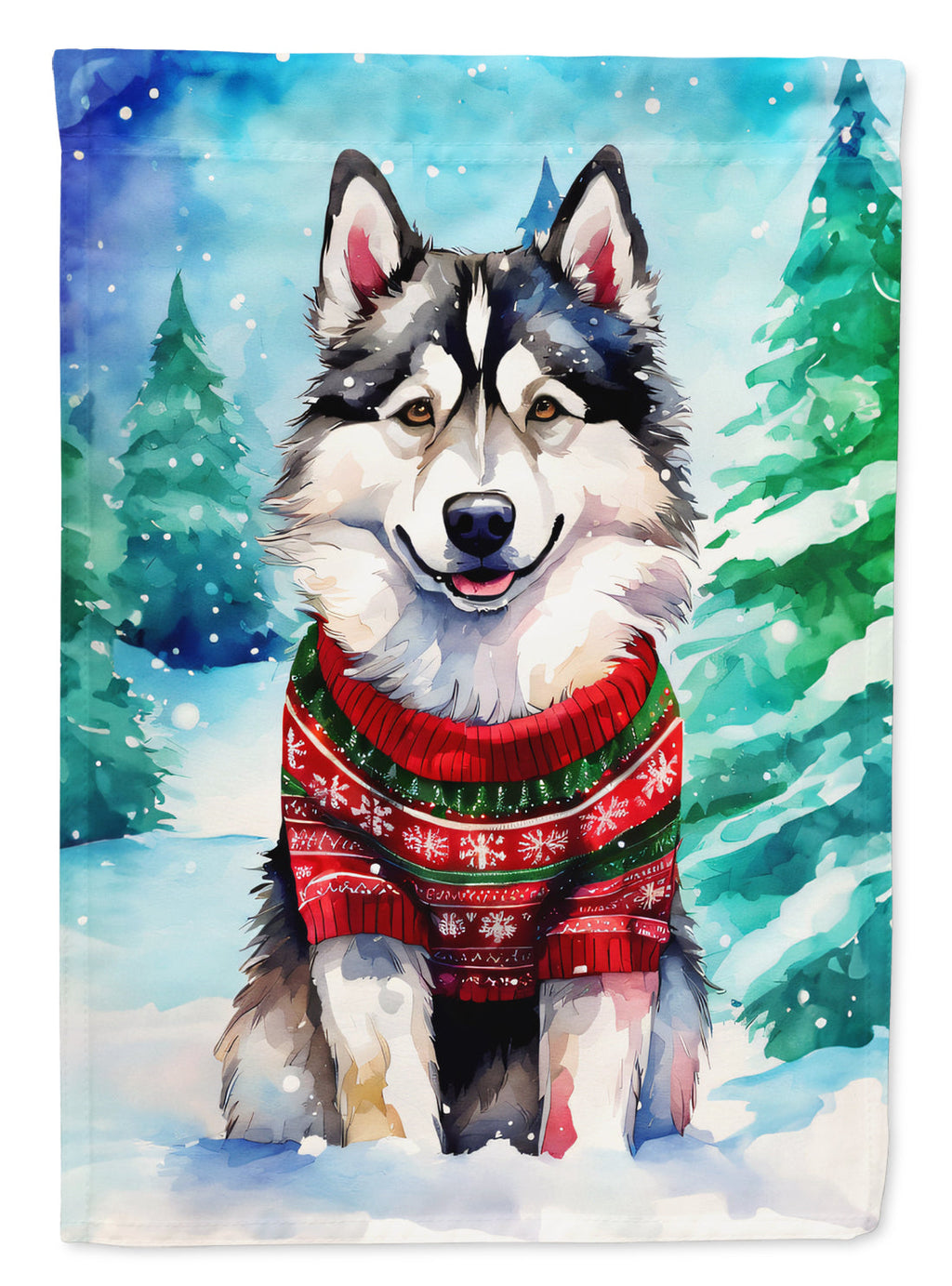 Alaskan Malamute Christmas House Flag 28x40 Porch Sleeve Pole Decorative Outside Yard Banner Artwork Wall Hanging, Polyester