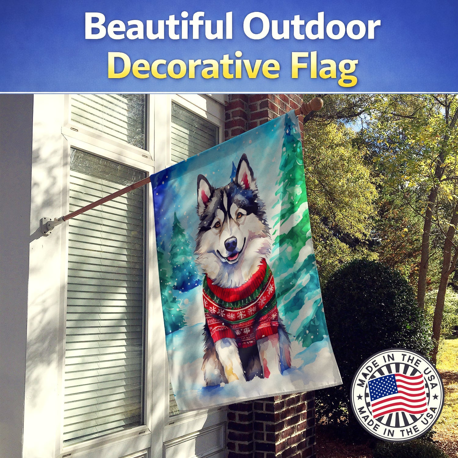 Alaskan Malamute Christmas House Flag 28x40 Porch Sleeve Pole Decorative Outside Yard Banner Artwork Wall Hanging, Polyester