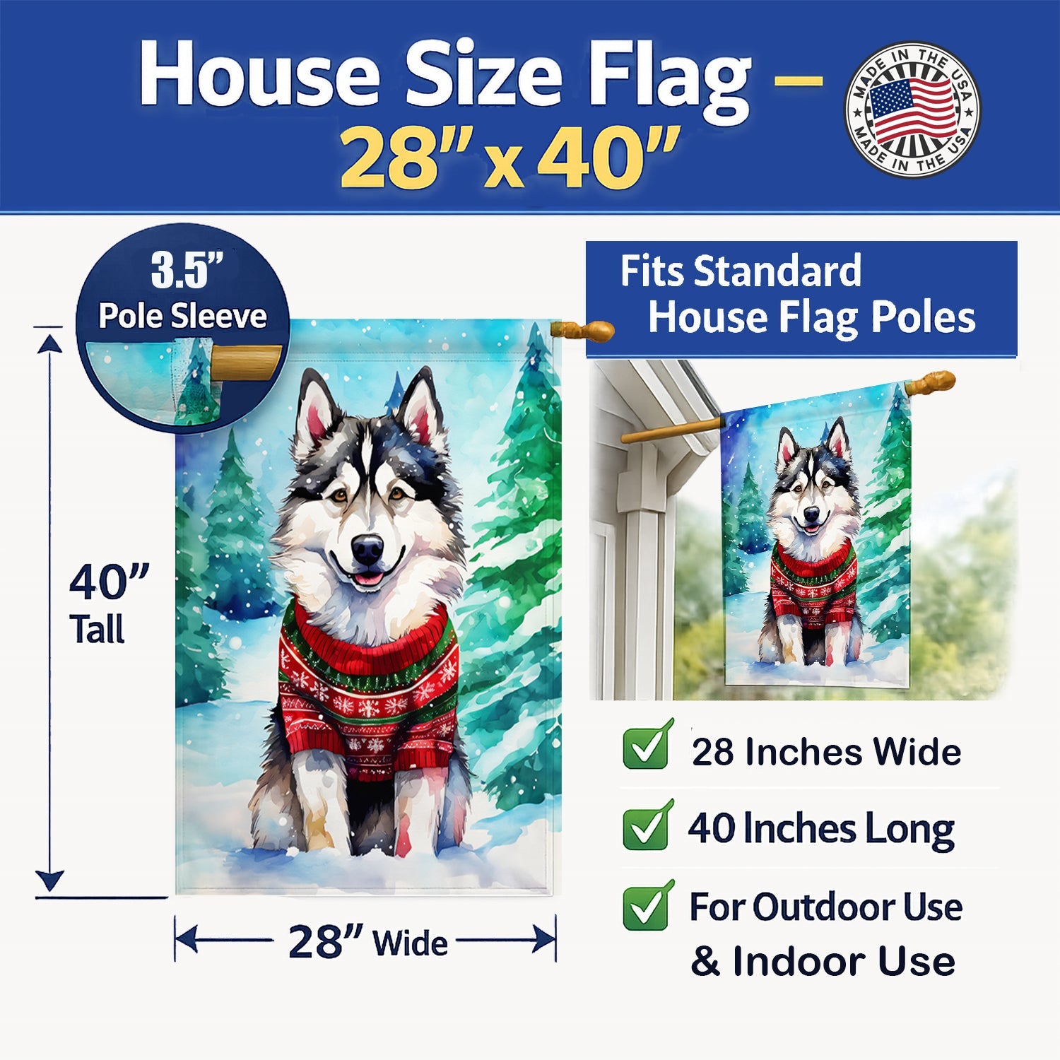 Alaskan Malamute Christmas House Flag 28x40 Porch Sleeve Pole Decorative Outside Yard Banner Artwork Wall Hanging, Polyester