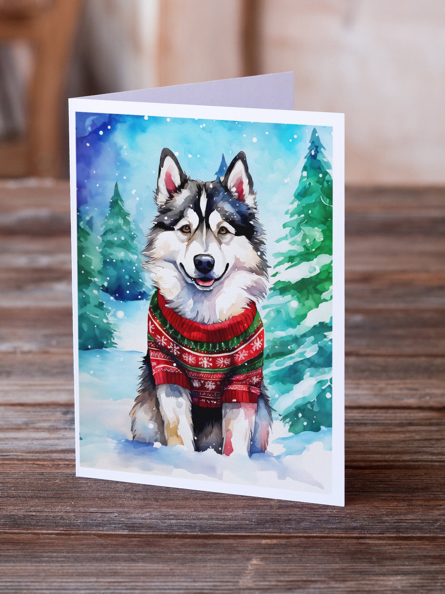 Alaskan Malamute Christmas Greeting Cards Pack of 8 Blank Cards with Envelopes Whimsical A7 Size 5x7