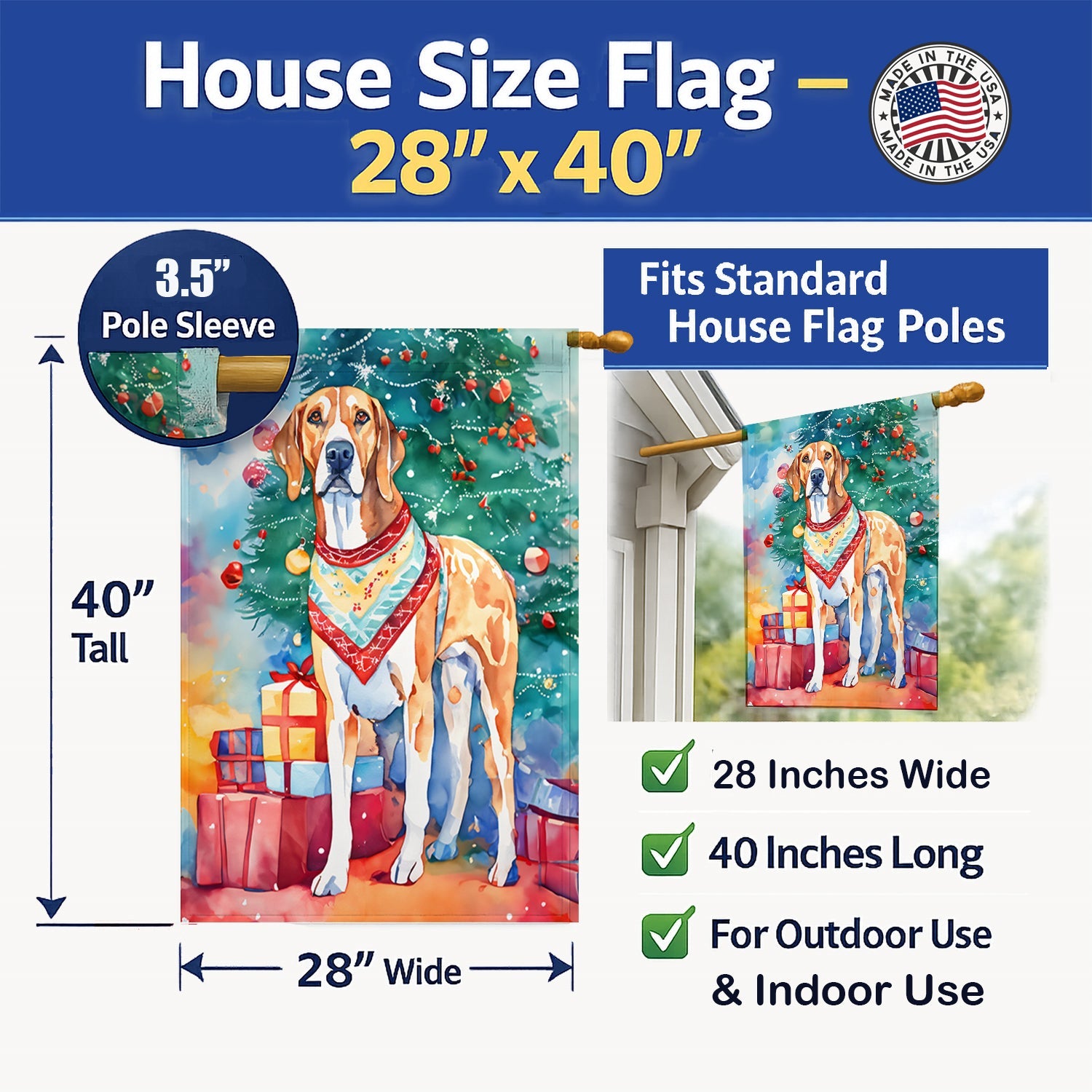 American English Coonhound Christmas House Flag 28x40 Porch Sleeve Pole Decorative Outside Yard Banner Artwork Wall Hanging, Polyester