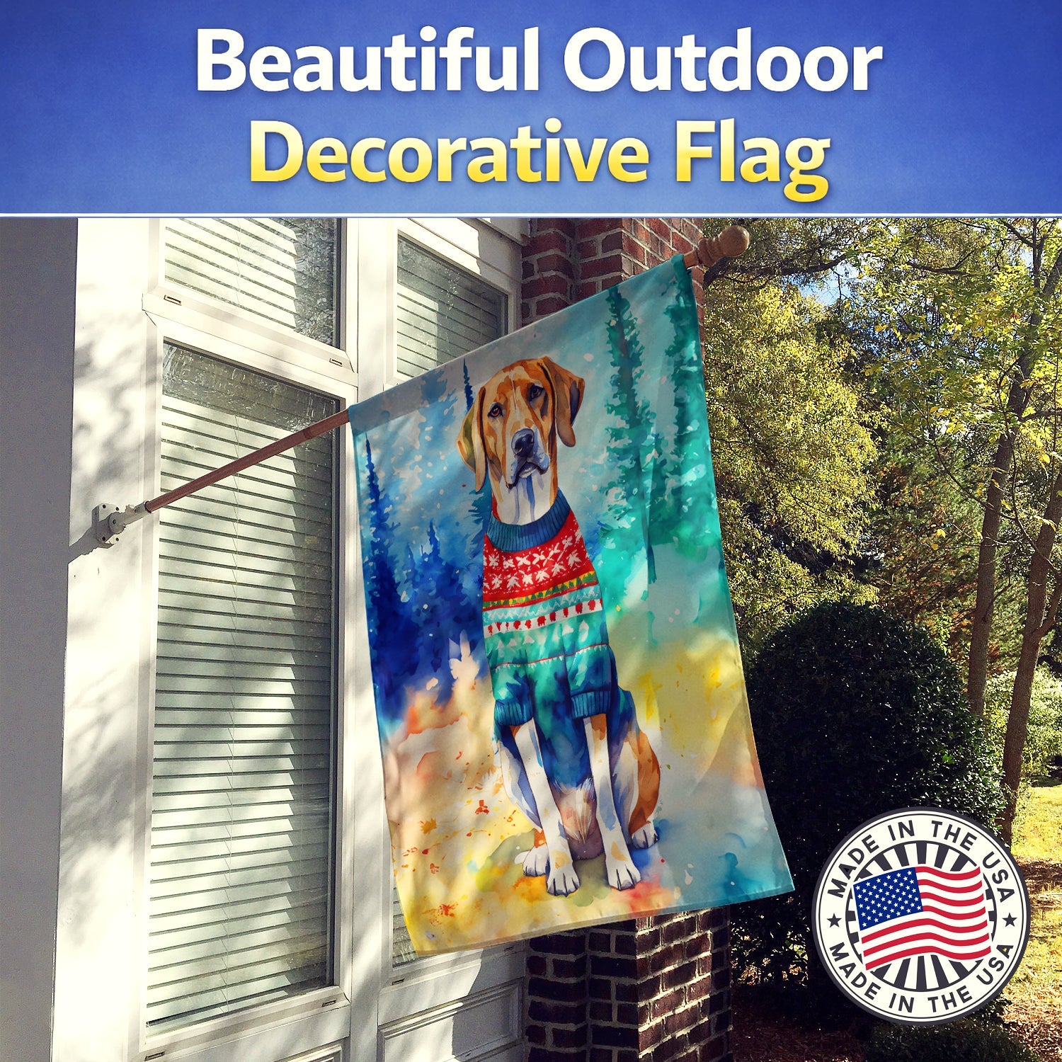 American English Coonhound Christmas House Flag 28x40 Porch Sleeve Pole Decorative Outside Yard Banner Artwork Wall Hanging, Polyester