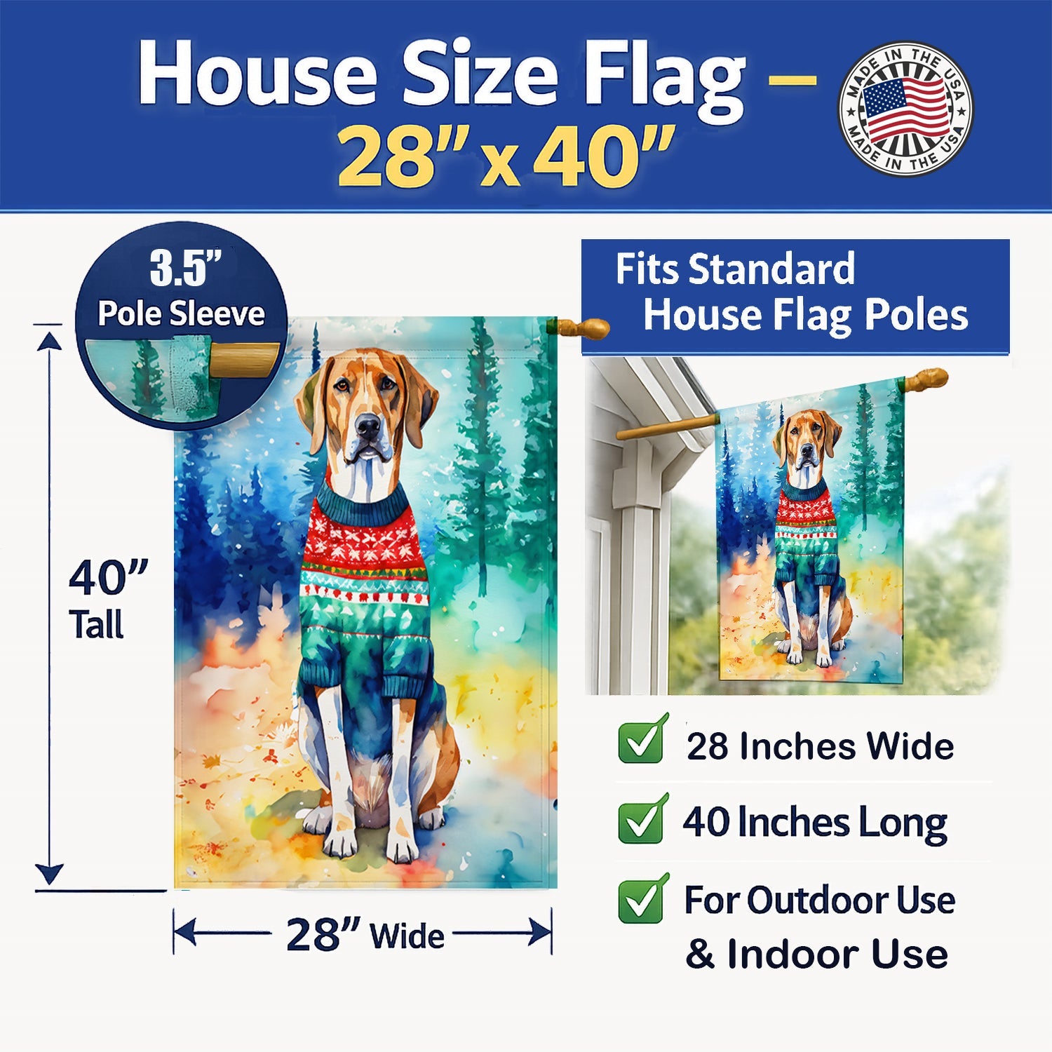 American English Coonhound Christmas House Flag 28x40 Porch Sleeve Pole Decorative Outside Yard Banner Artwork Wall Hanging, Polyester